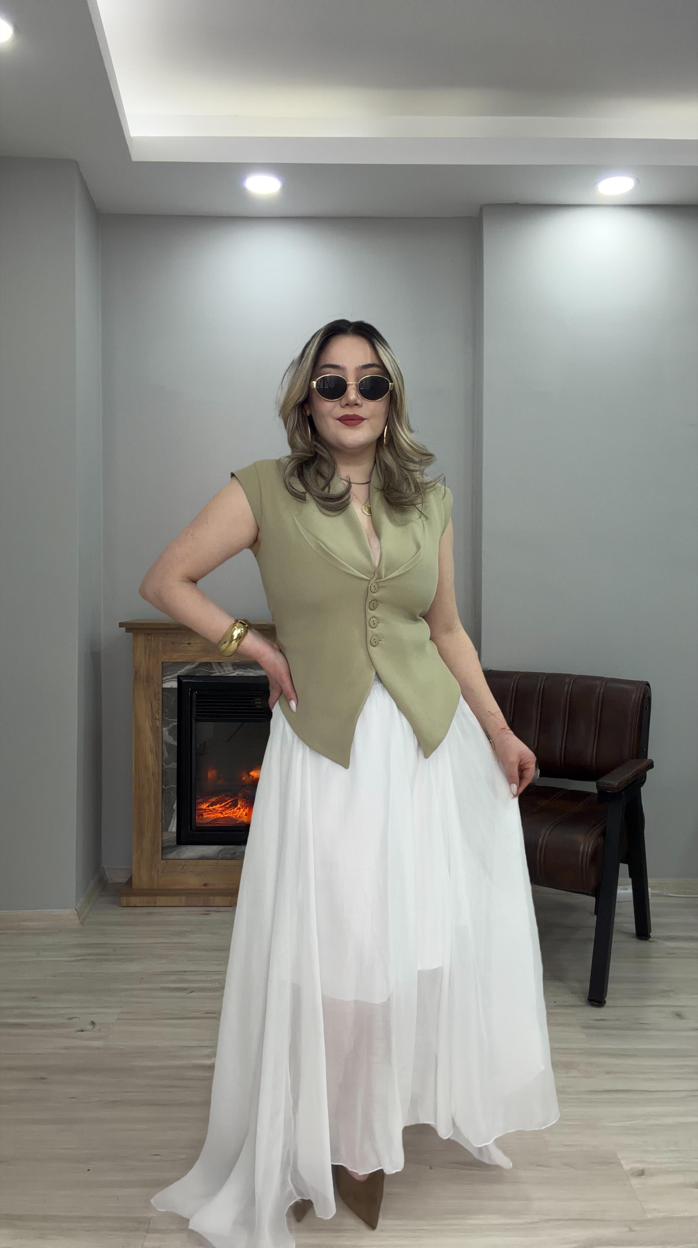  BELİ LASTİKLİ ASİMETRİK TENSEL ETEK BEYAZ