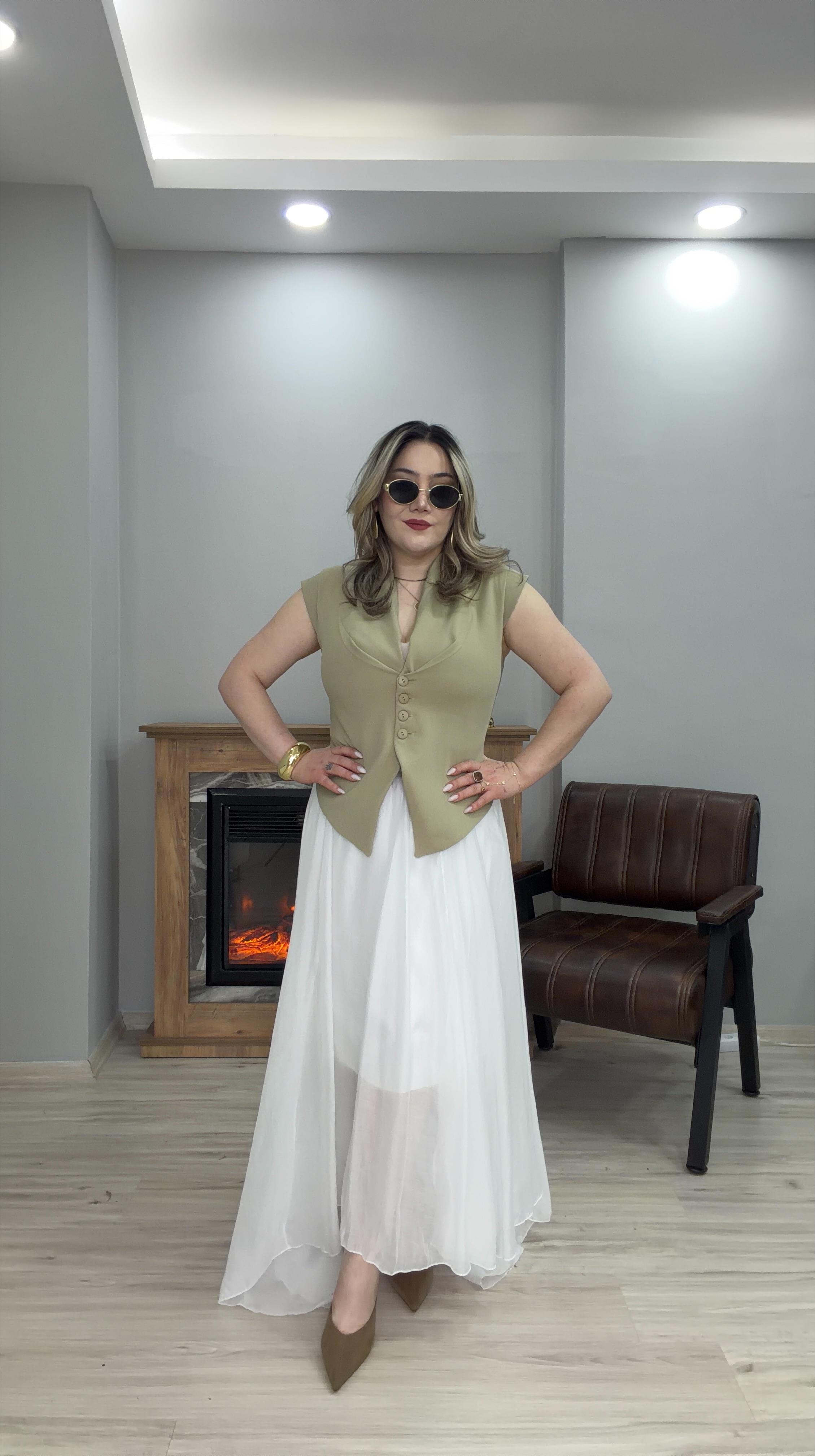  BELİ LASTİKLİ ASİMETRİK TENSEL ETEK BEYAZ