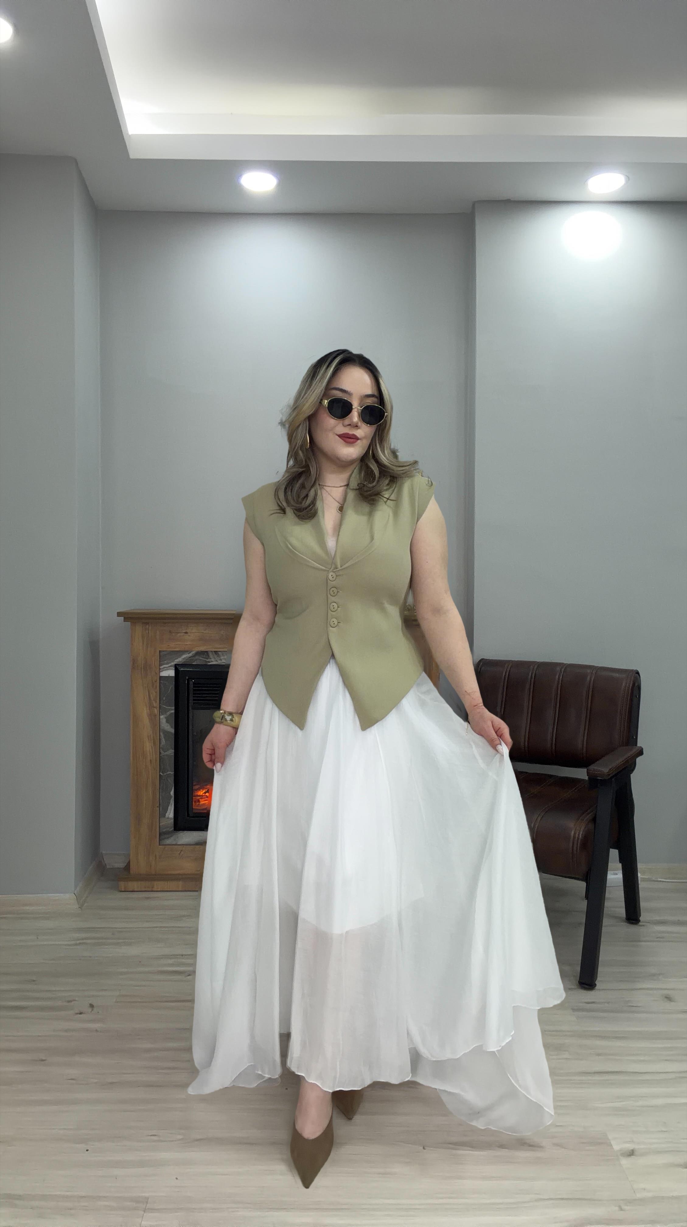  BELİ LASTİKLİ ASİMETRİK TENSEL ETEK BEYAZ
