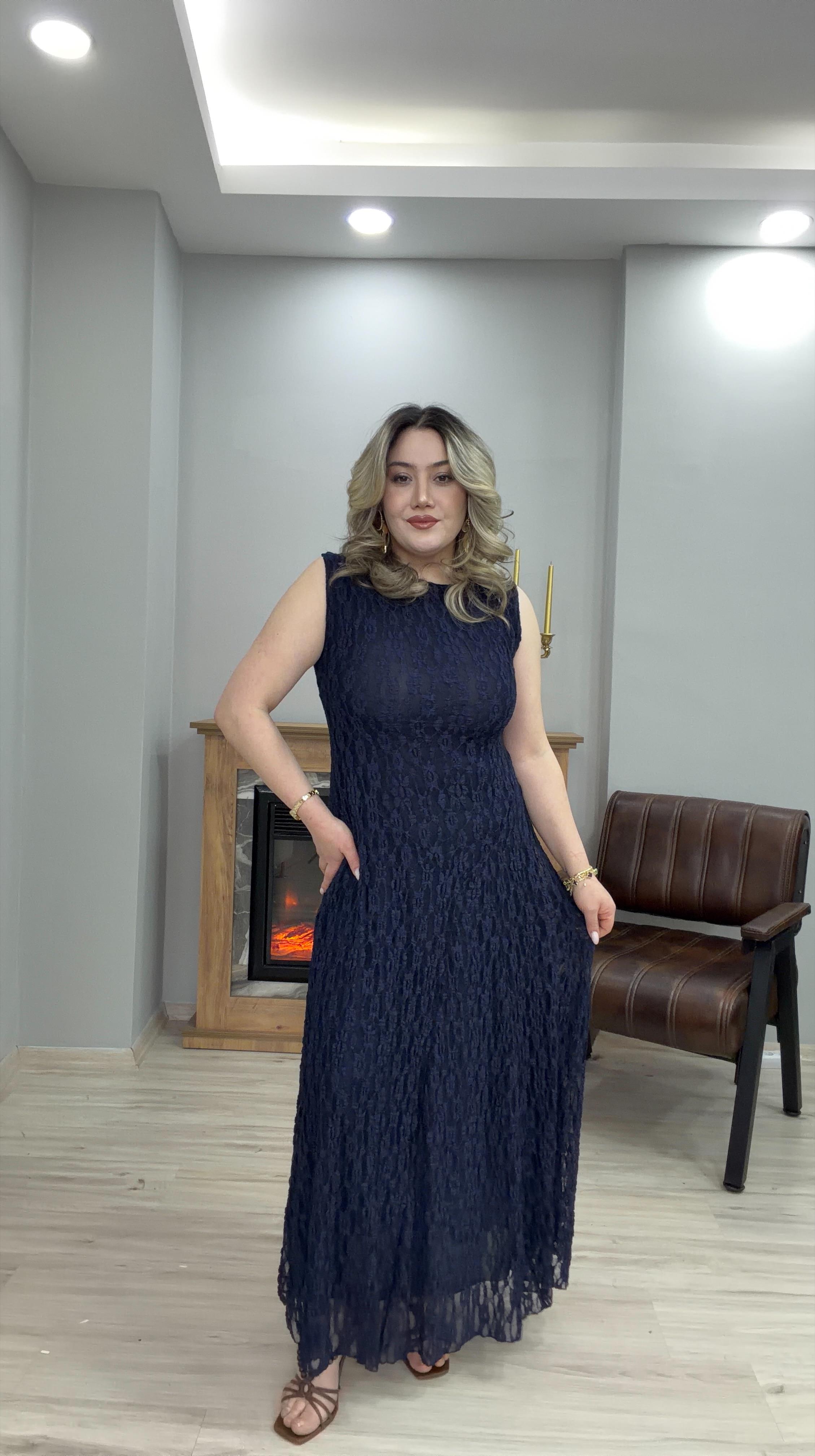  DANTEL MİDİBOY ELBİSE LACİVERT