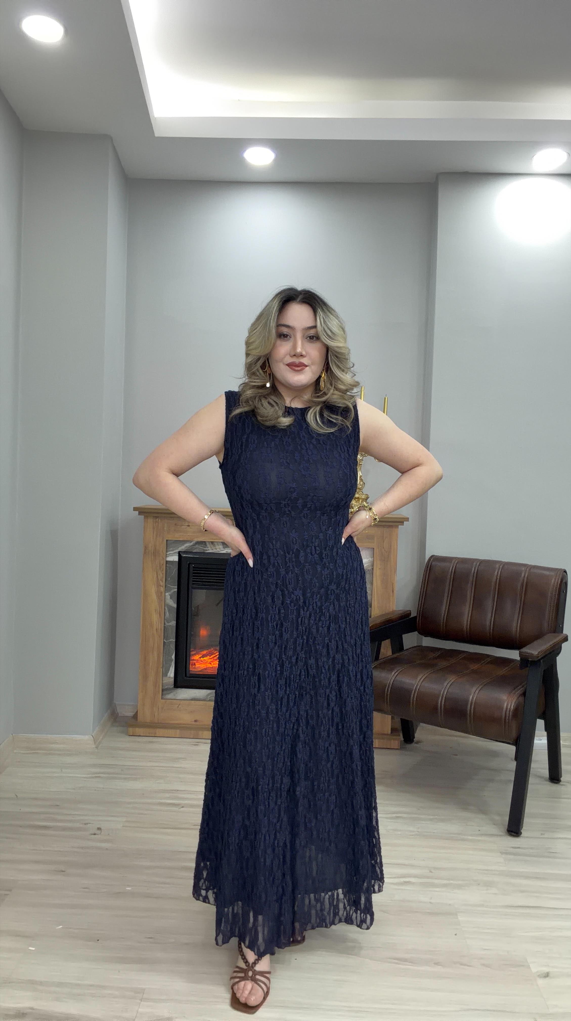  DANTEL MİDİBOY ELBİSE LACİVERT