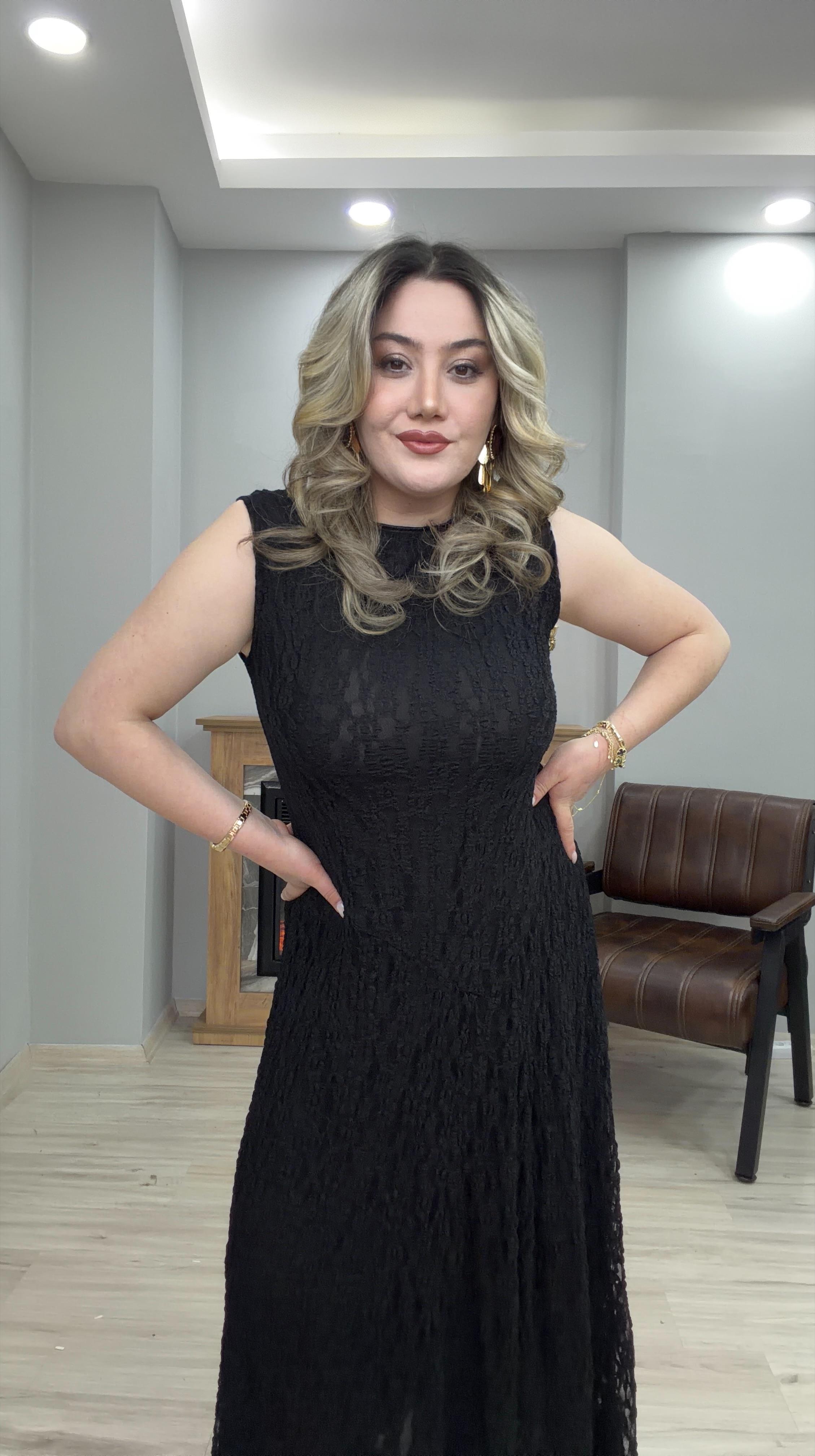  DANTEL MİDİBOY ELBİSE SİYAH