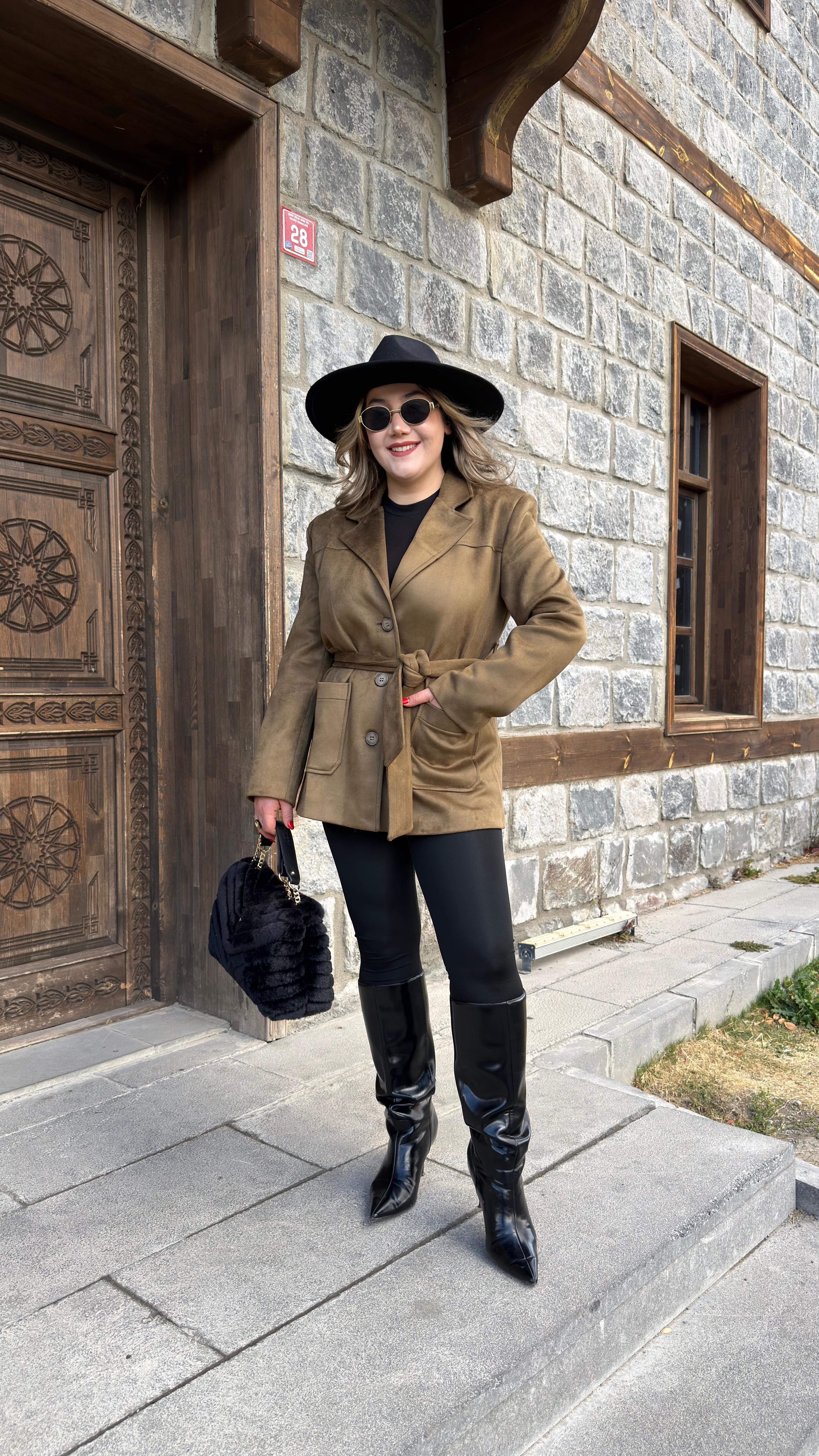 BELDEN KUŞAKLI SÜET CEKET HAKİ 