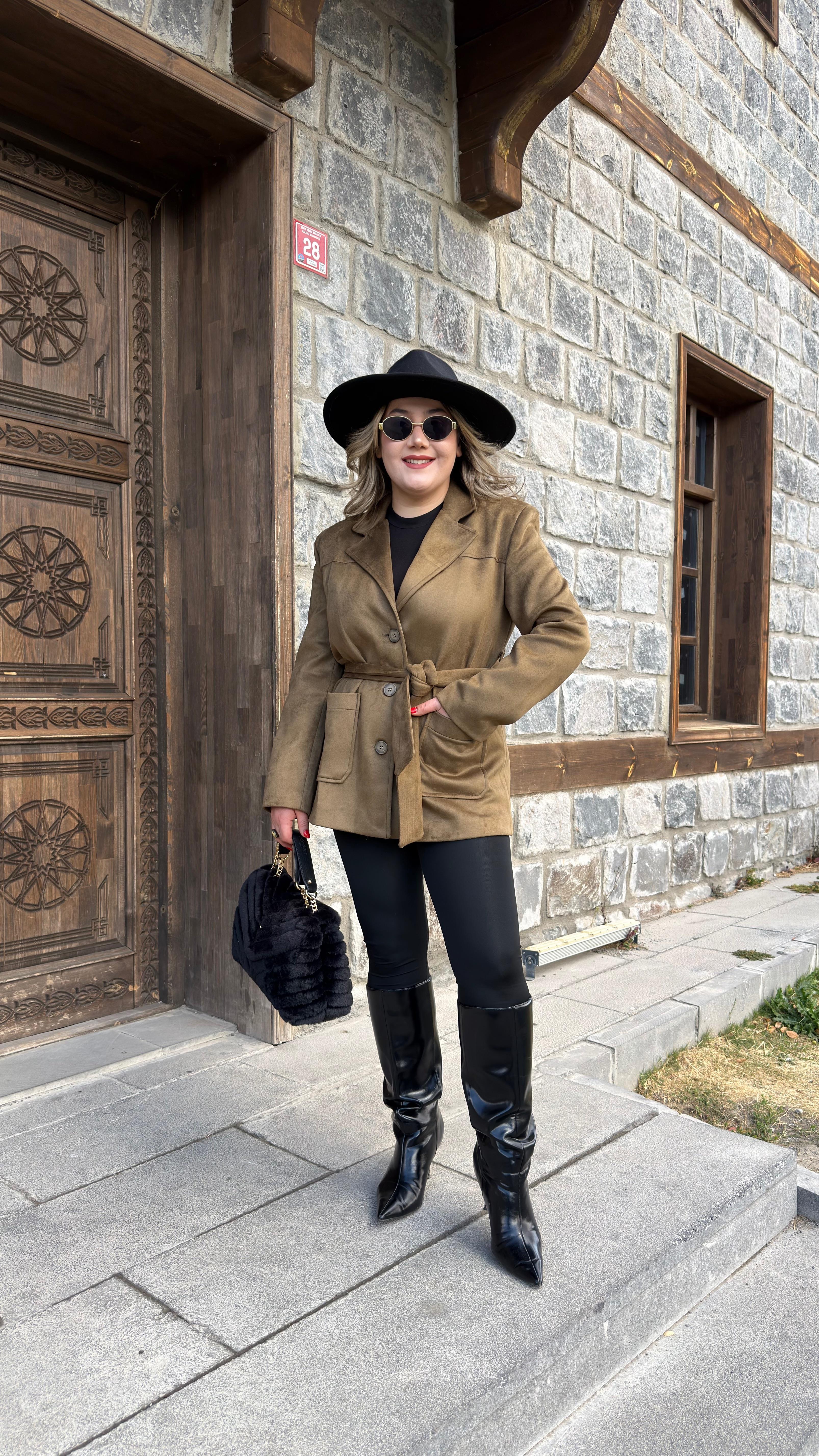 BELDEN KUŞAKLI SÜET CEKET HAKİ 