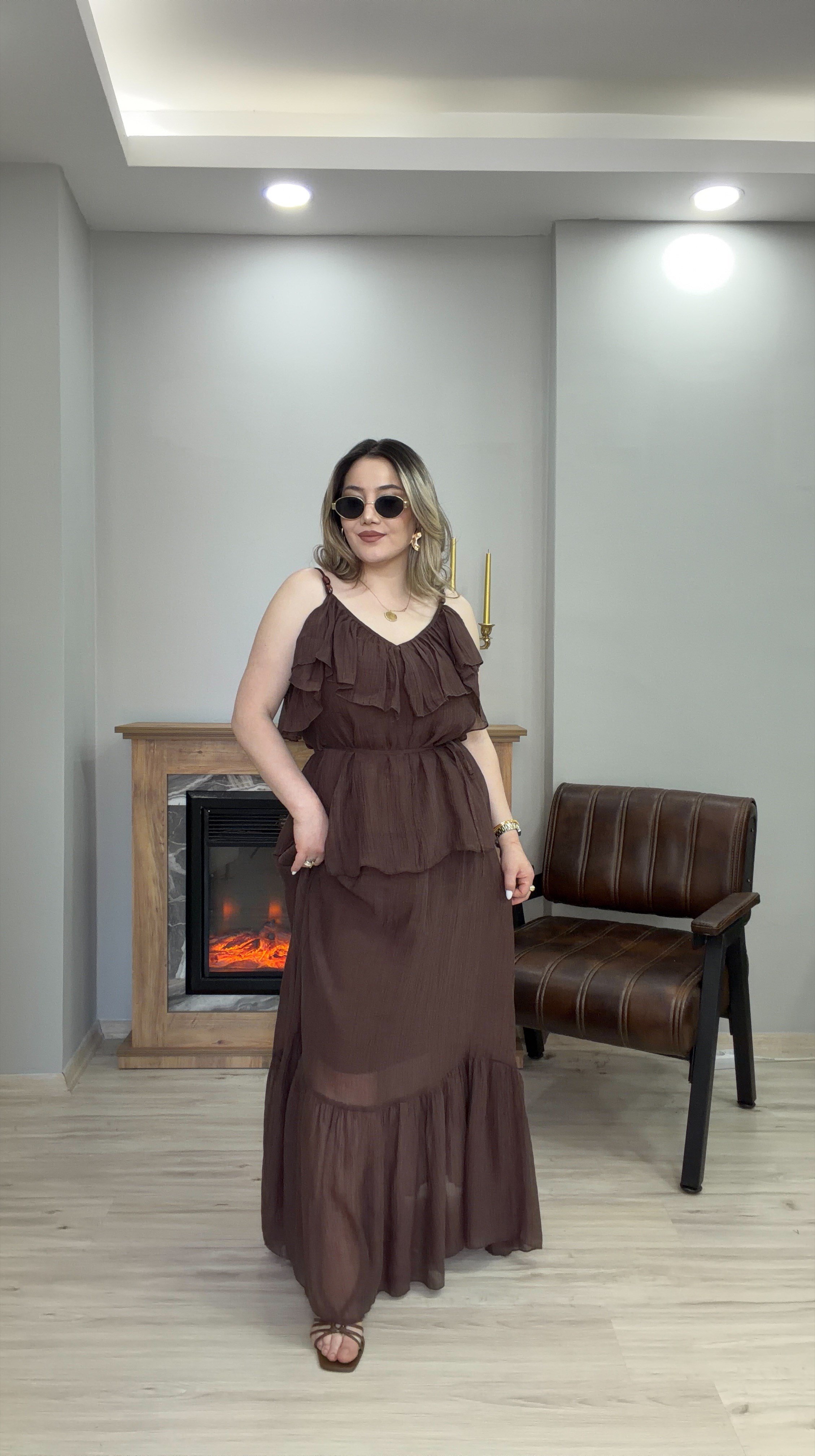 BELİ LASTİKLİ TENSEL ETEK KAHVE