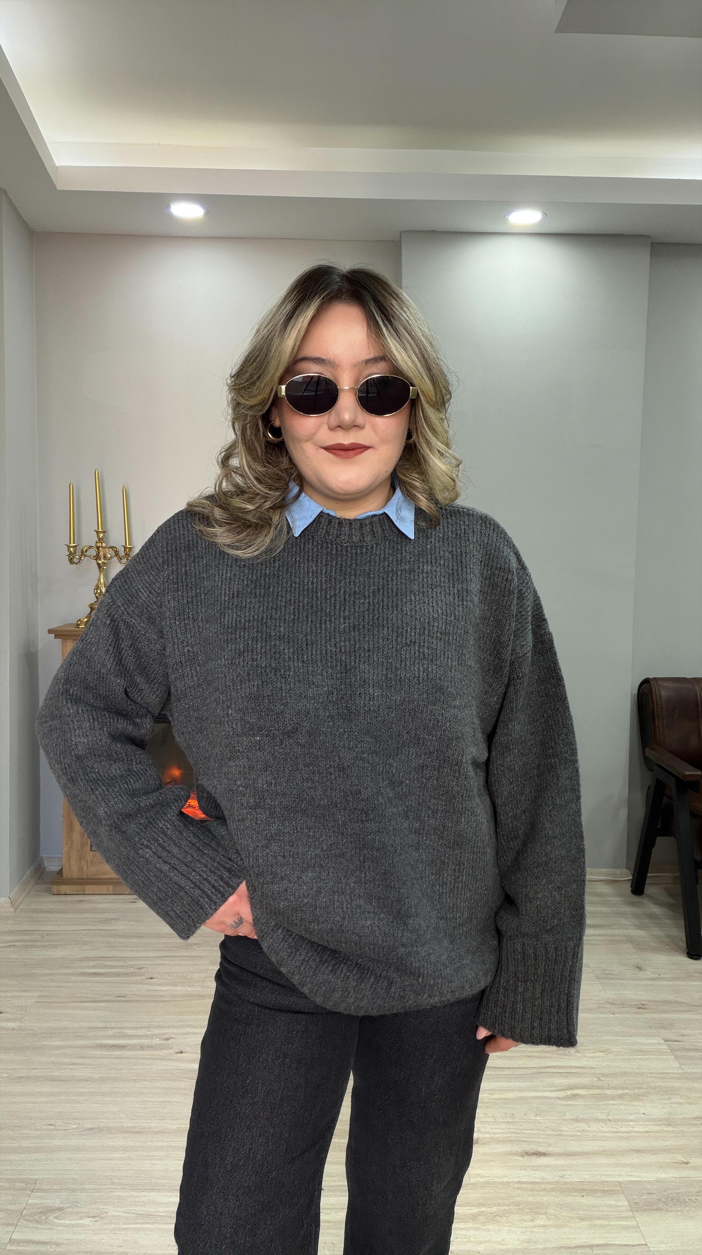 BİSİKLET YAKA CASUAL KAZAK ANTRASİT