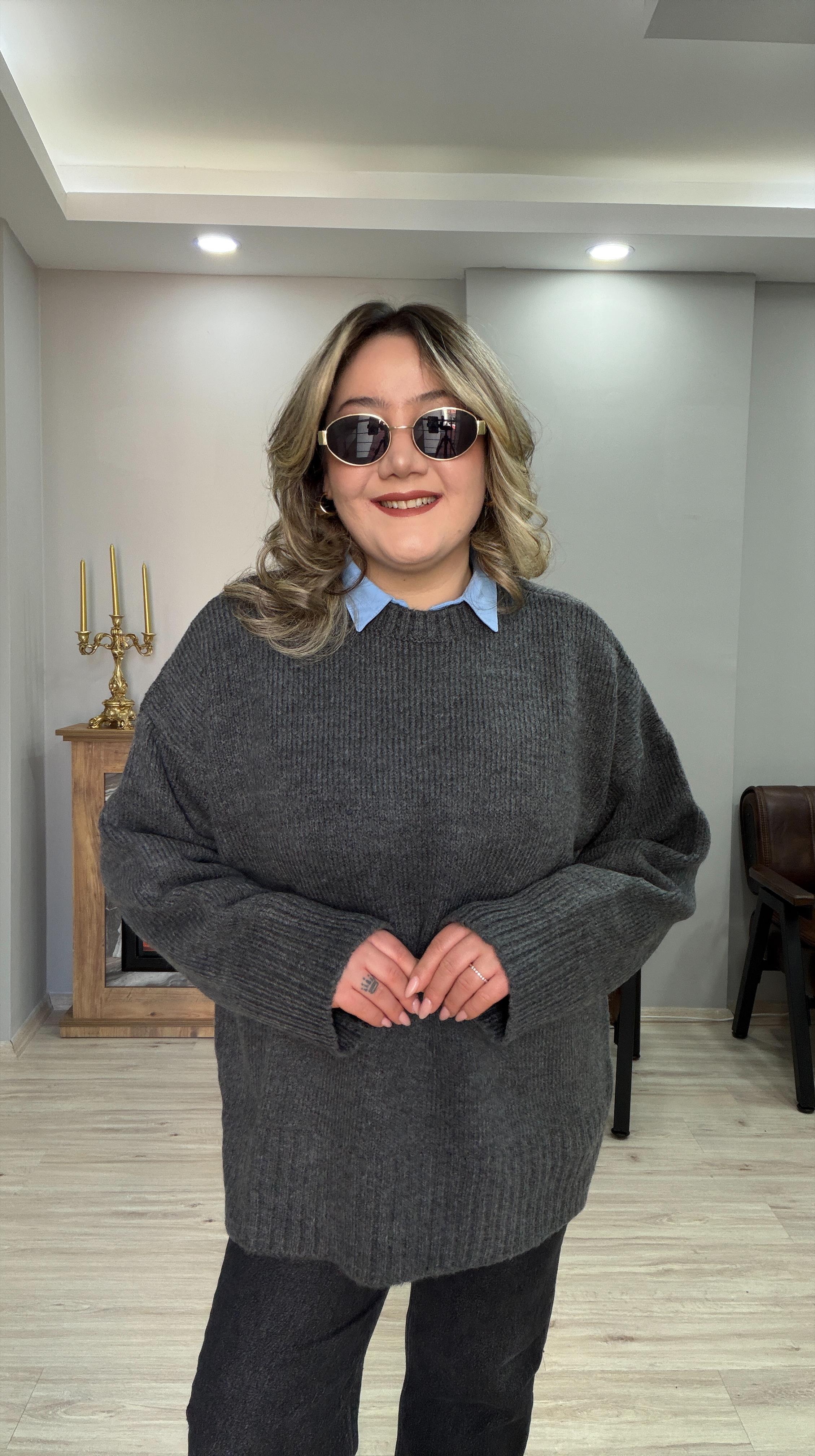 BİSİKLET YAKA CASUAL KAZAK ANTRASİT