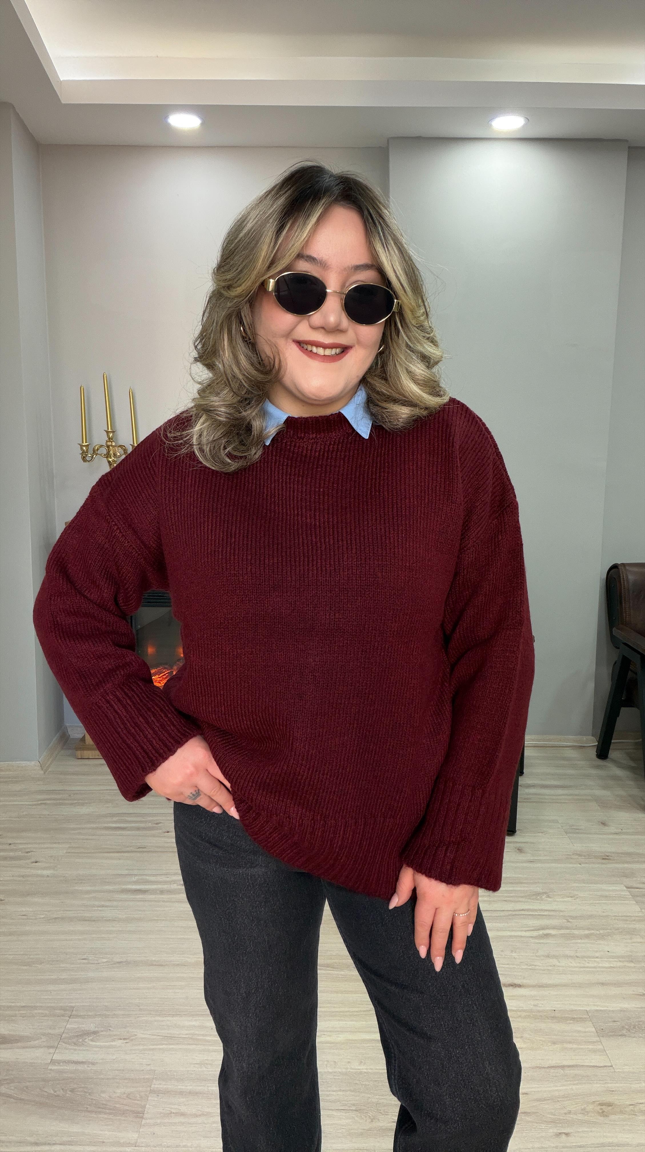 BİSİKLET YAKA CASUAL KAZAK BORDO