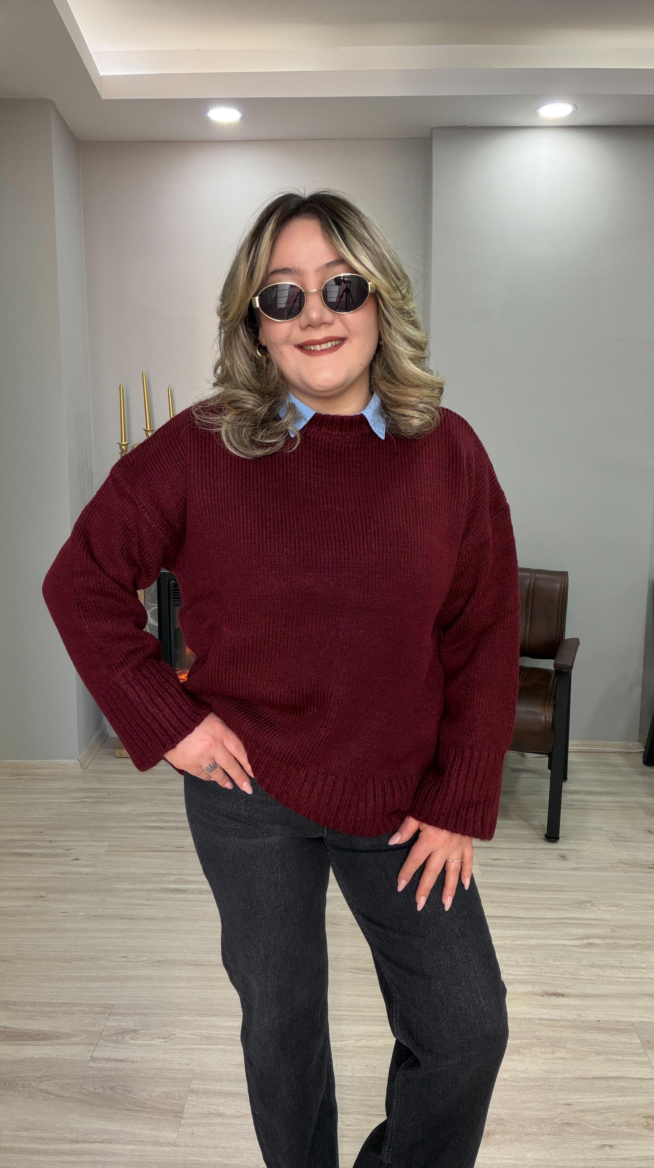 BİSİKLET YAKA CASUAL KAZAK BORDO