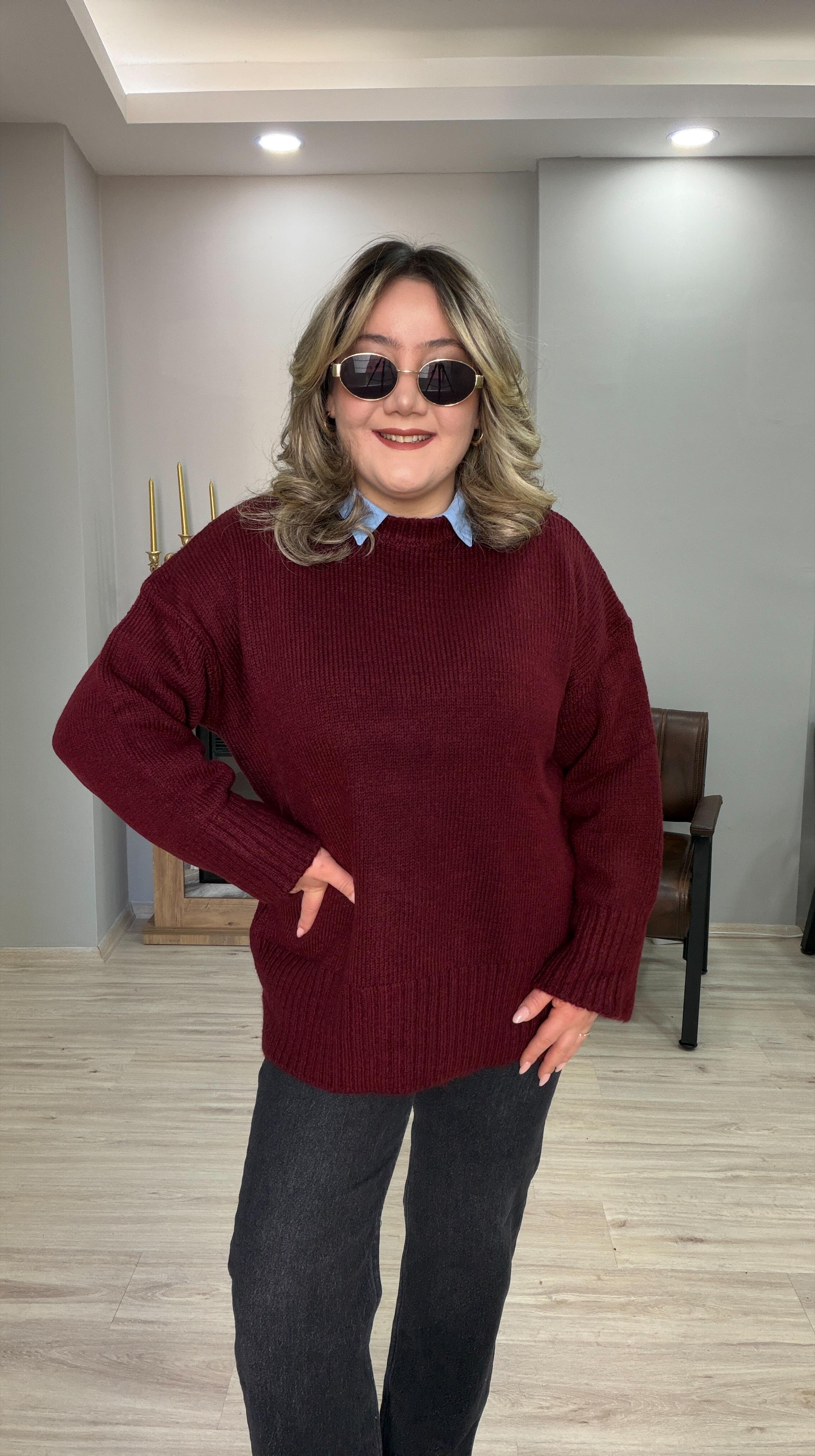 BİSİKLET YAKA CASUAL KAZAK BORDO