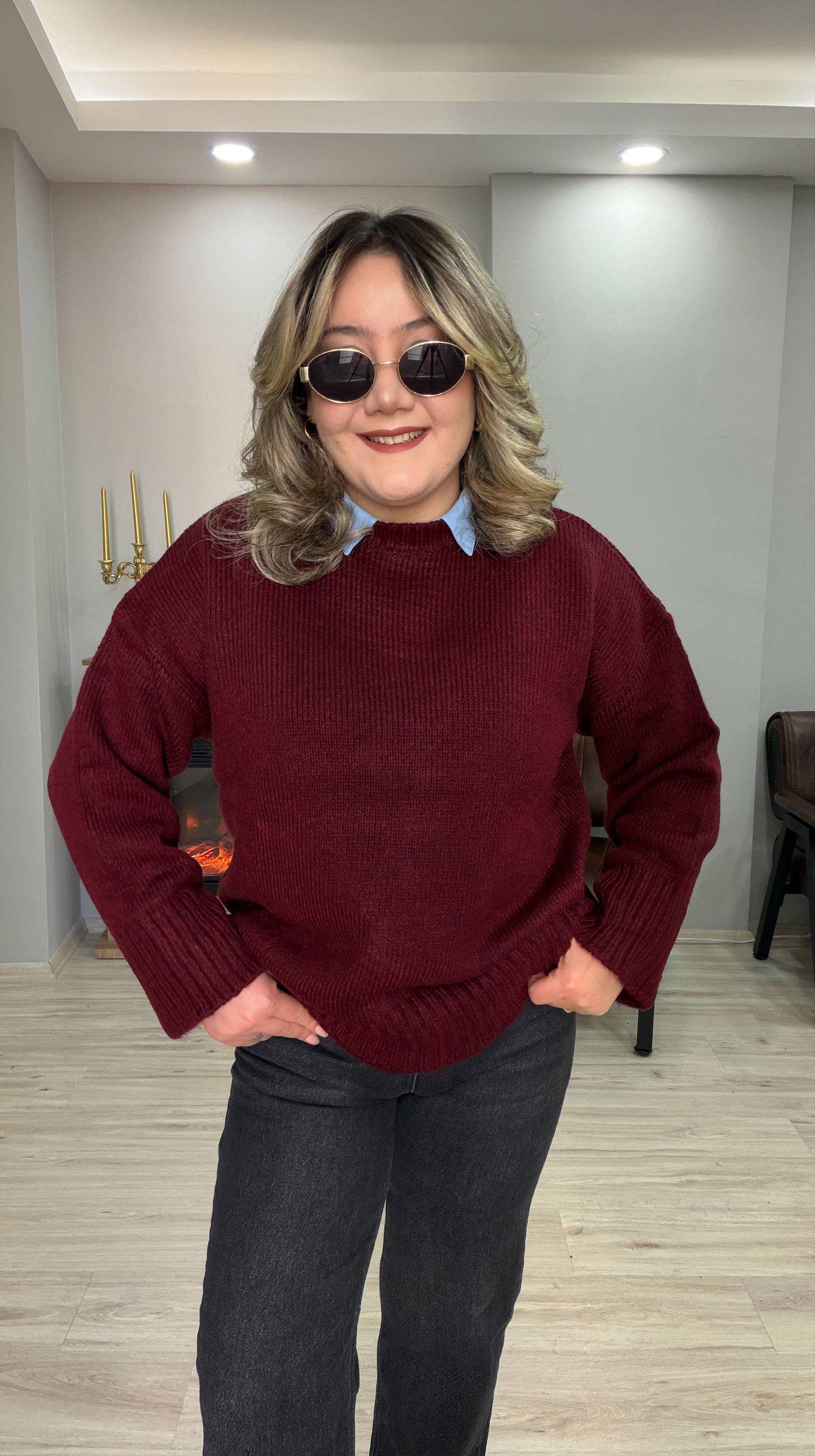 BİSİKLET YAKA CASUAL KAZAK BORDO