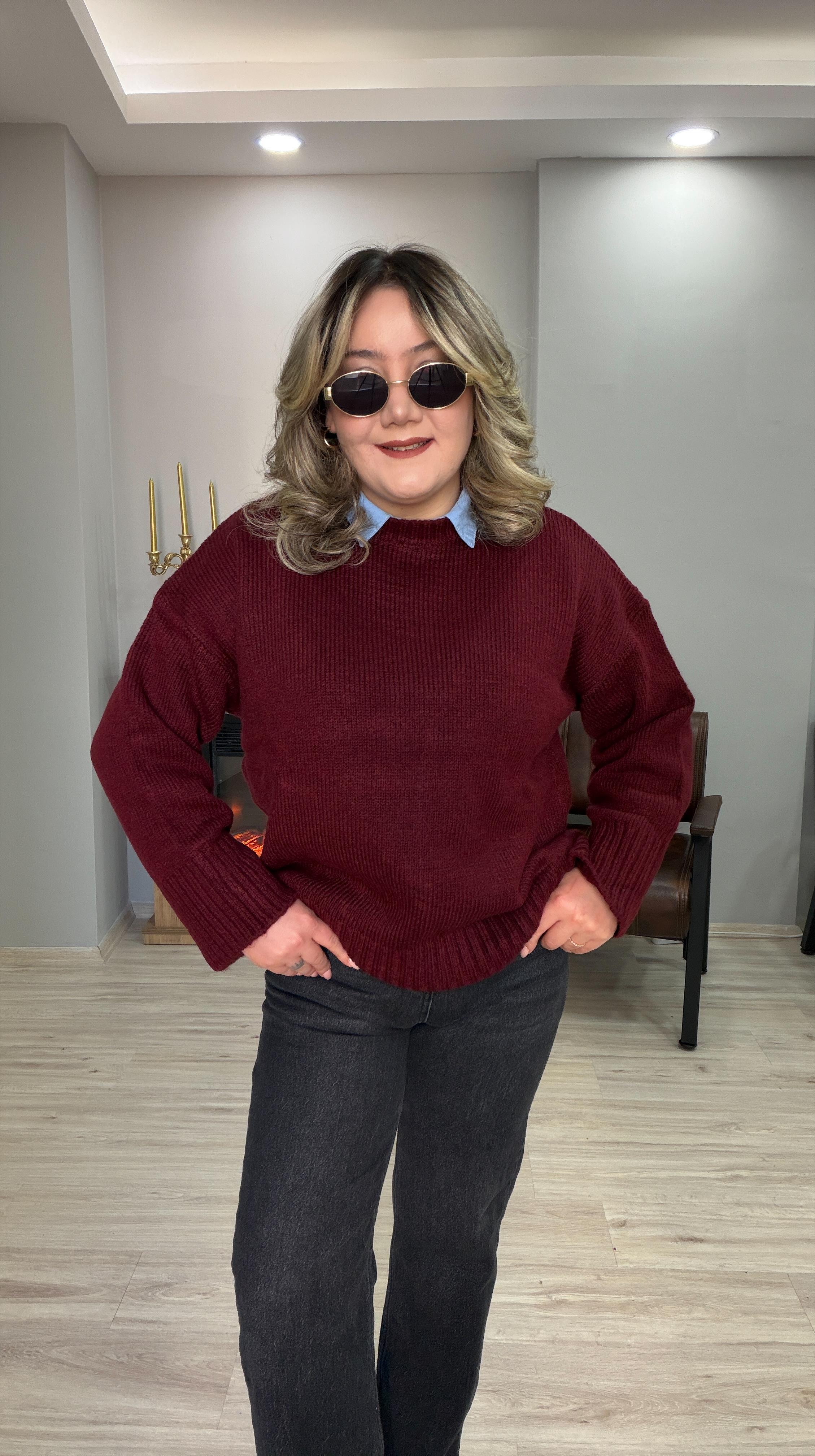 BİSİKLET YAKA CASUAL KAZAK BORDO