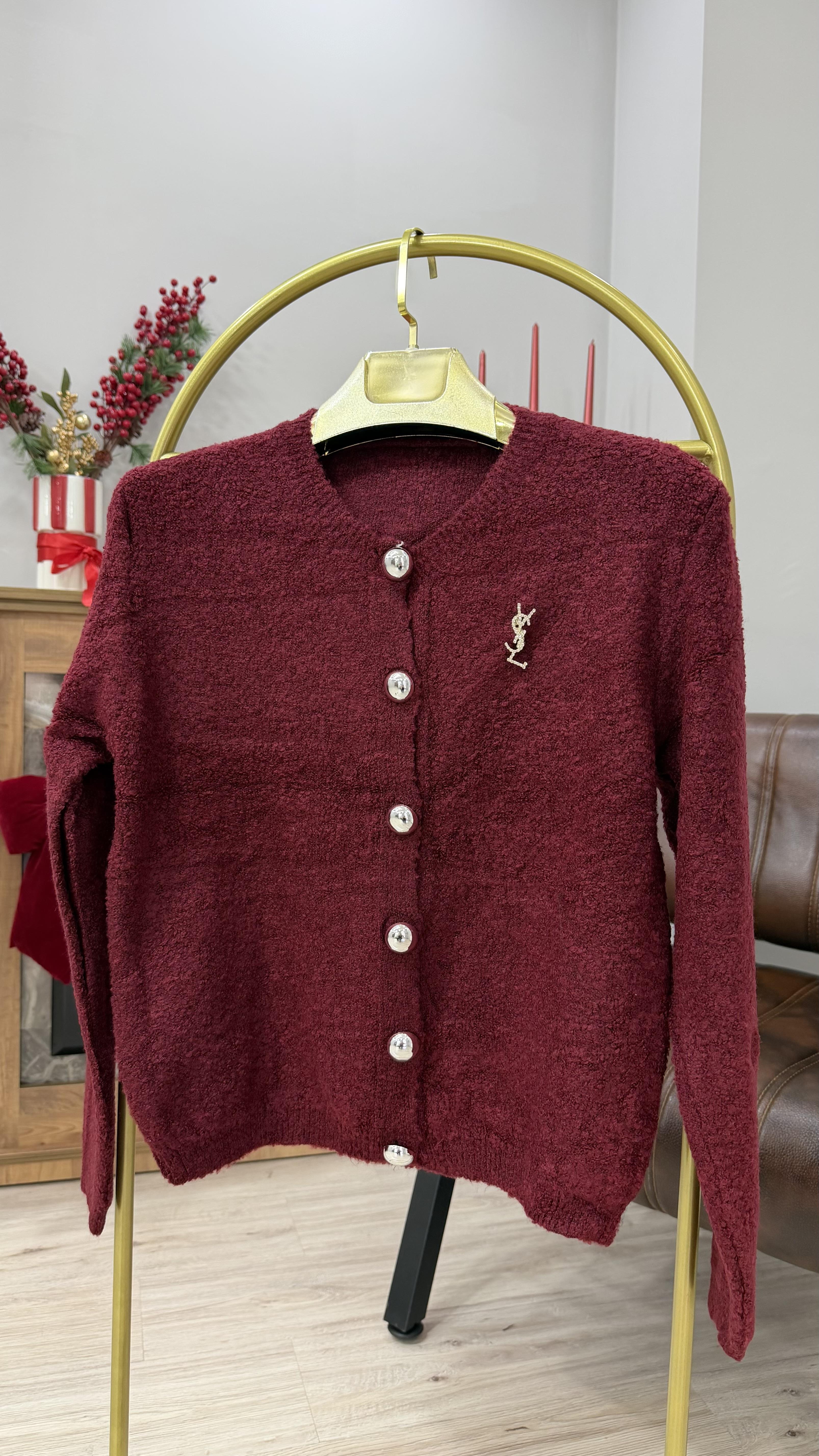 Broş Detaylı Buklet Hırka Bordo
