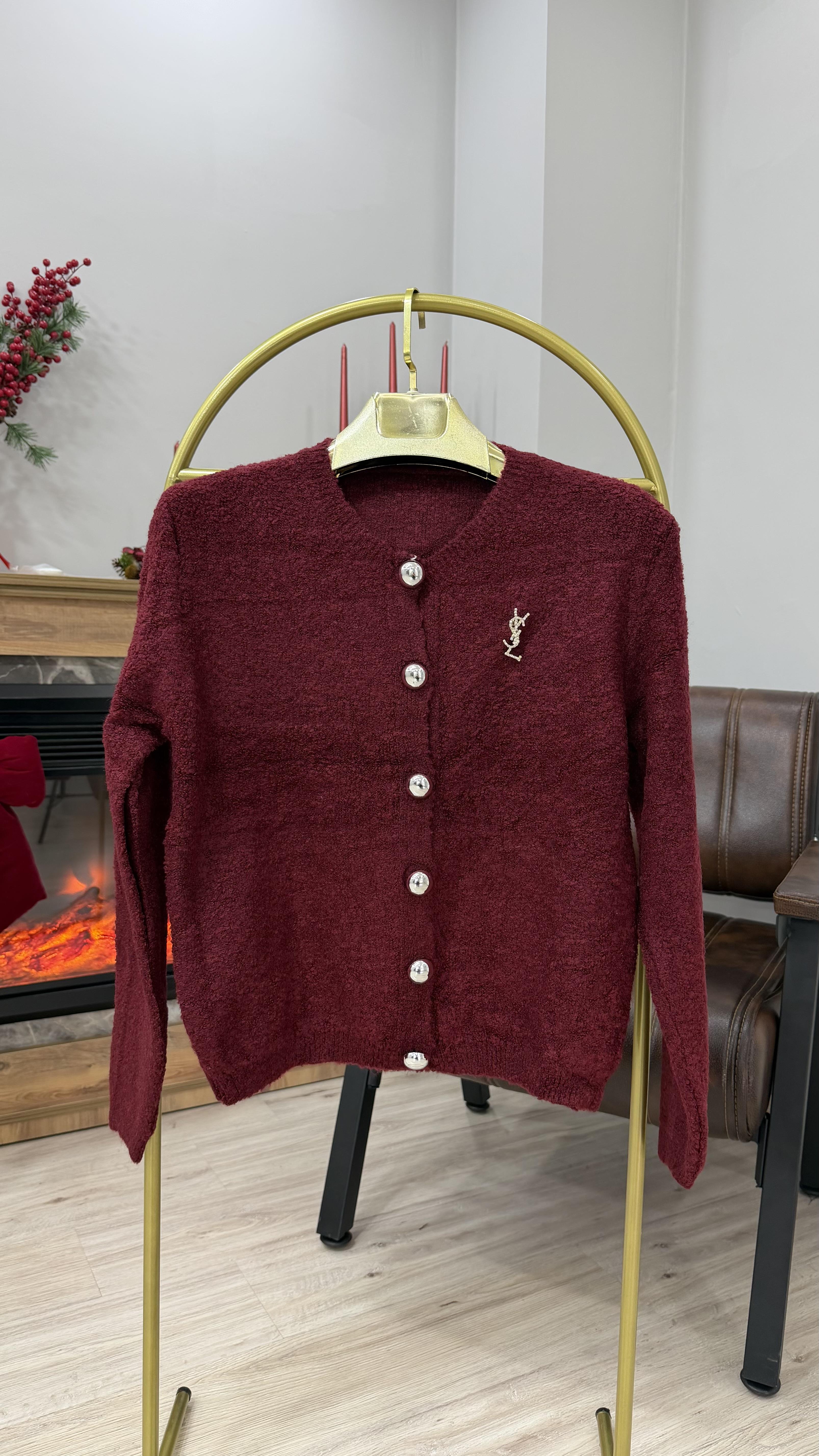 Broş Detaylı Buklet Hırka Bordo