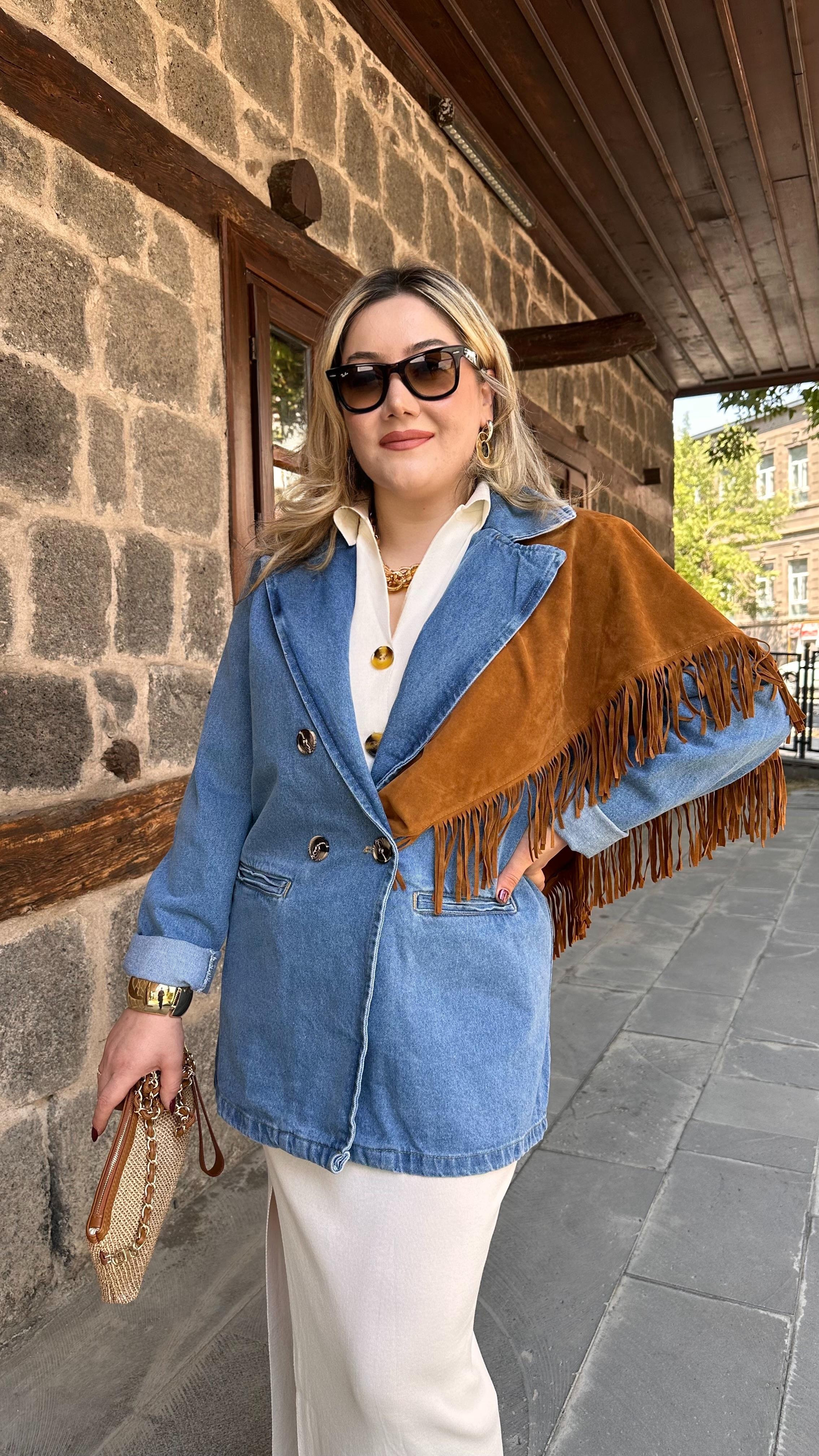 BUZ MAVİ ÇİFT DÜĞMELİ JEAN BLAZER CEKET