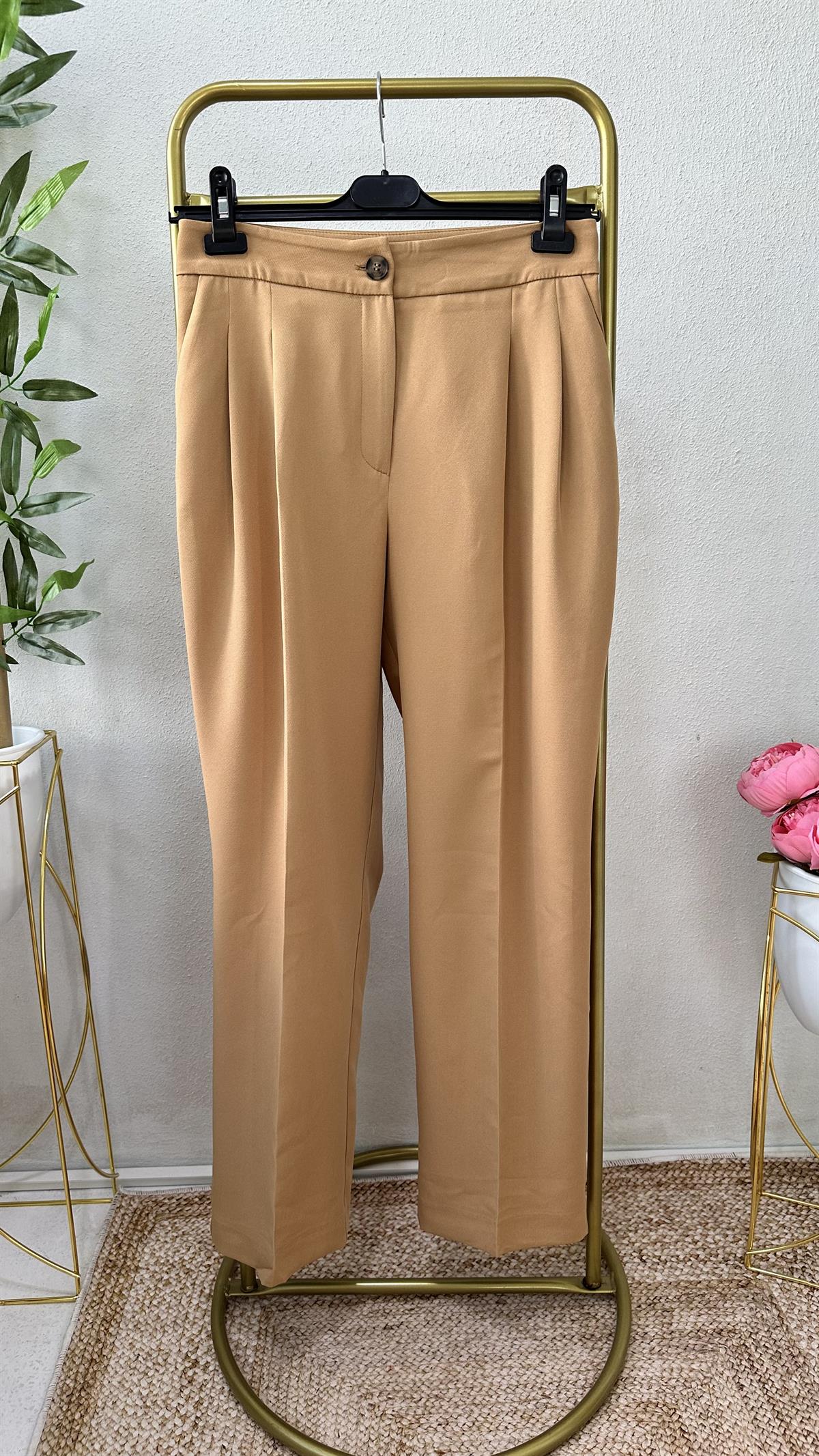 Camel Çift Pileli Kumaş Pantolon