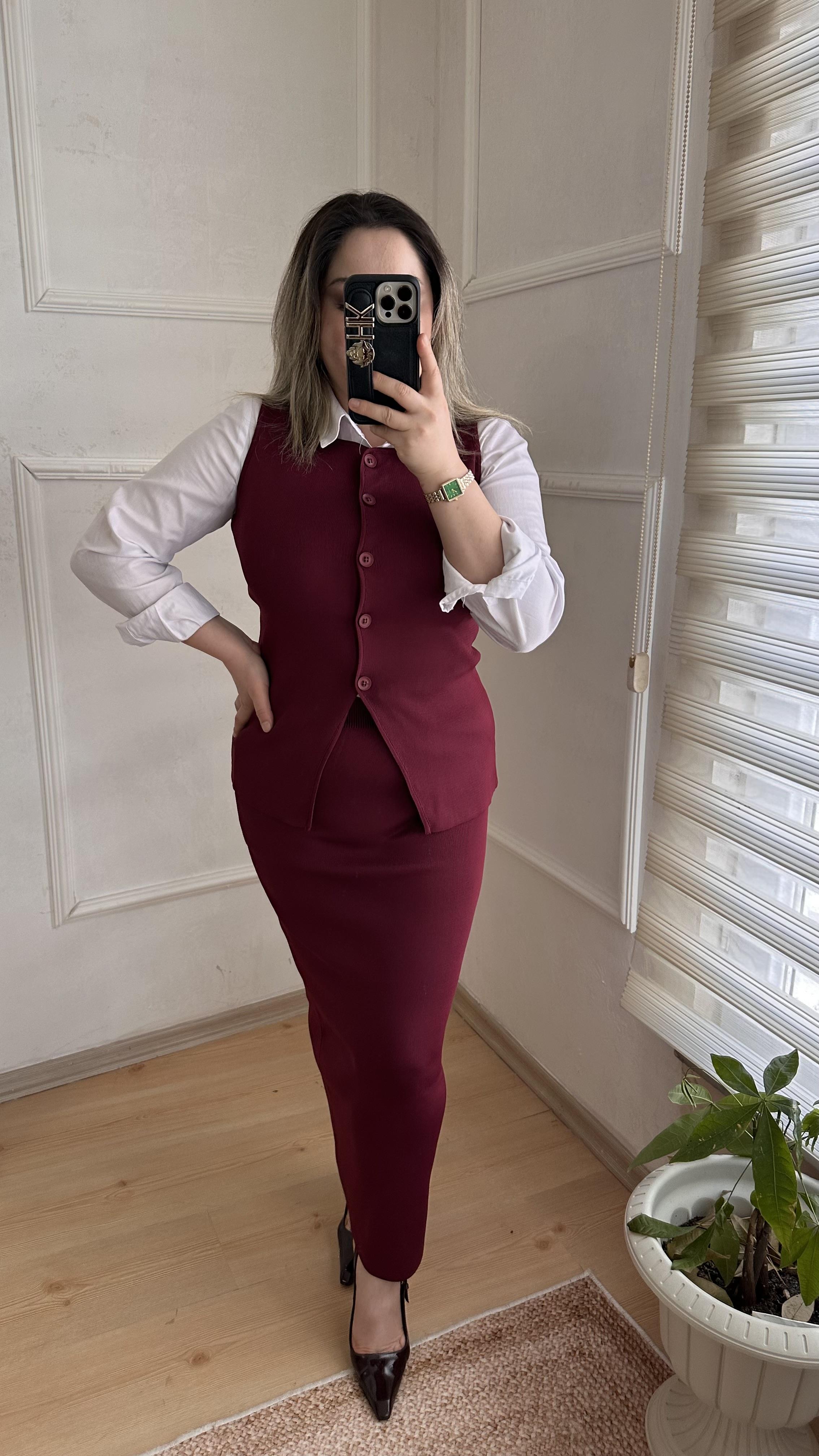 Çelik örgü triko yelek etek takım bordo