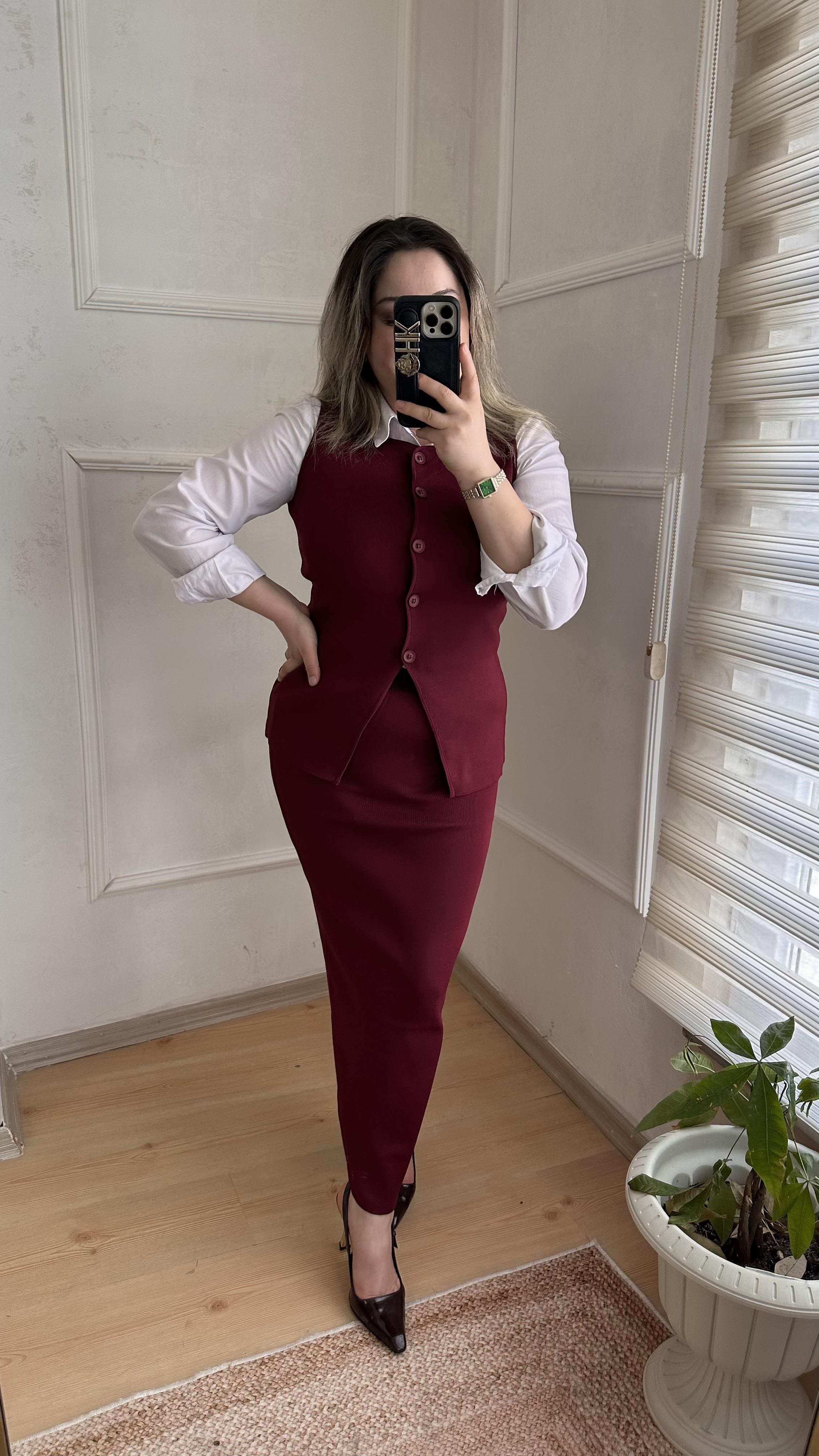 Çelik örgü triko yelek etek takım bordo
