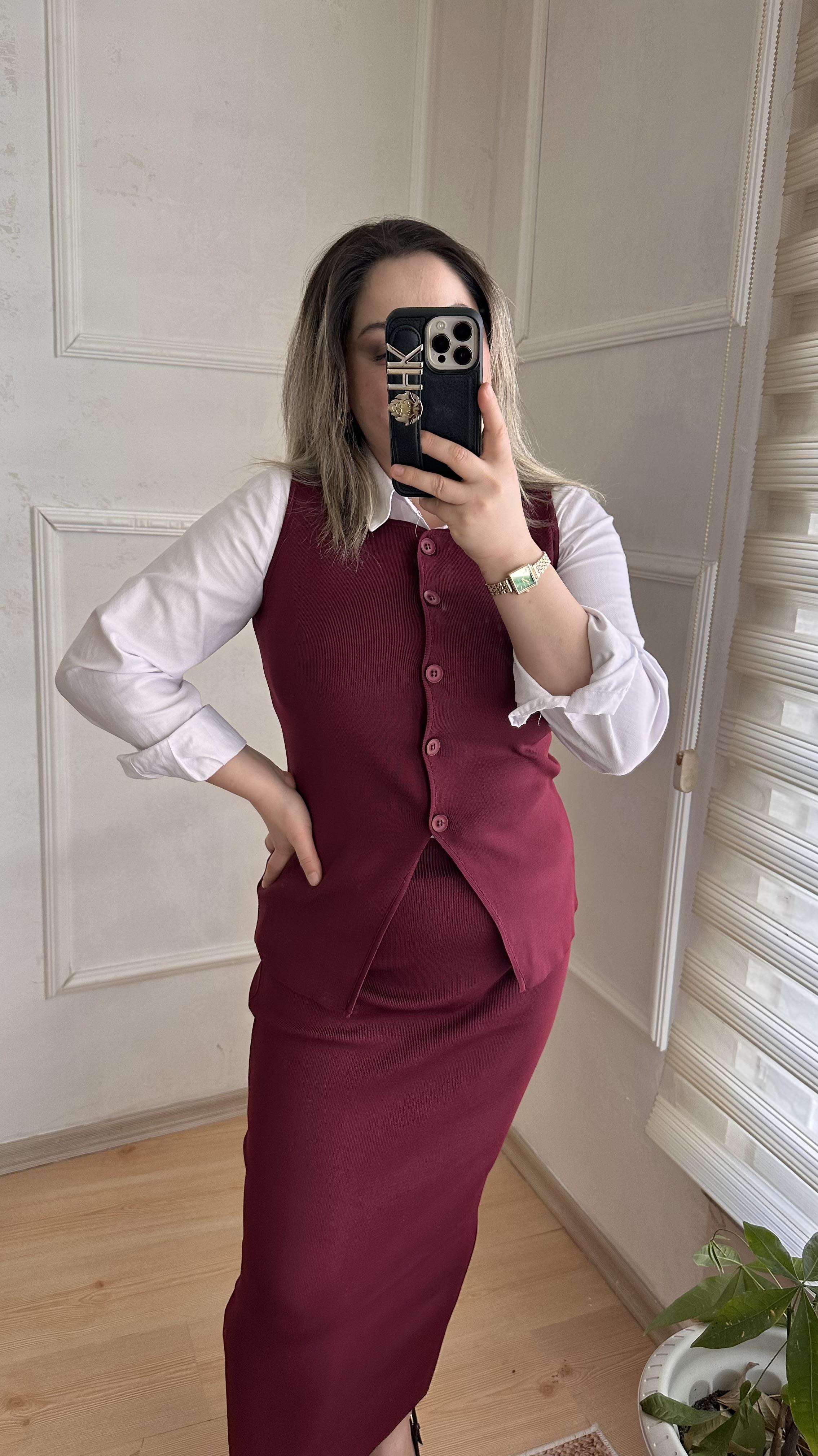 Çelik örgü triko yelek etek takım bordo