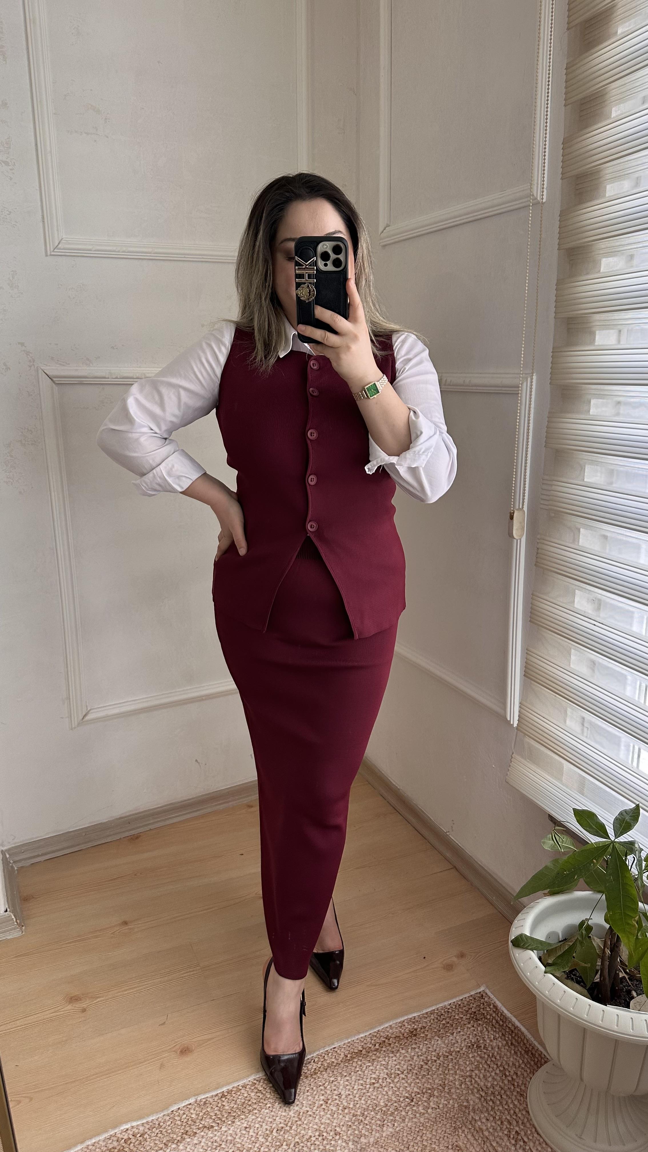 Çelik örgü triko yelek etek takım bordo