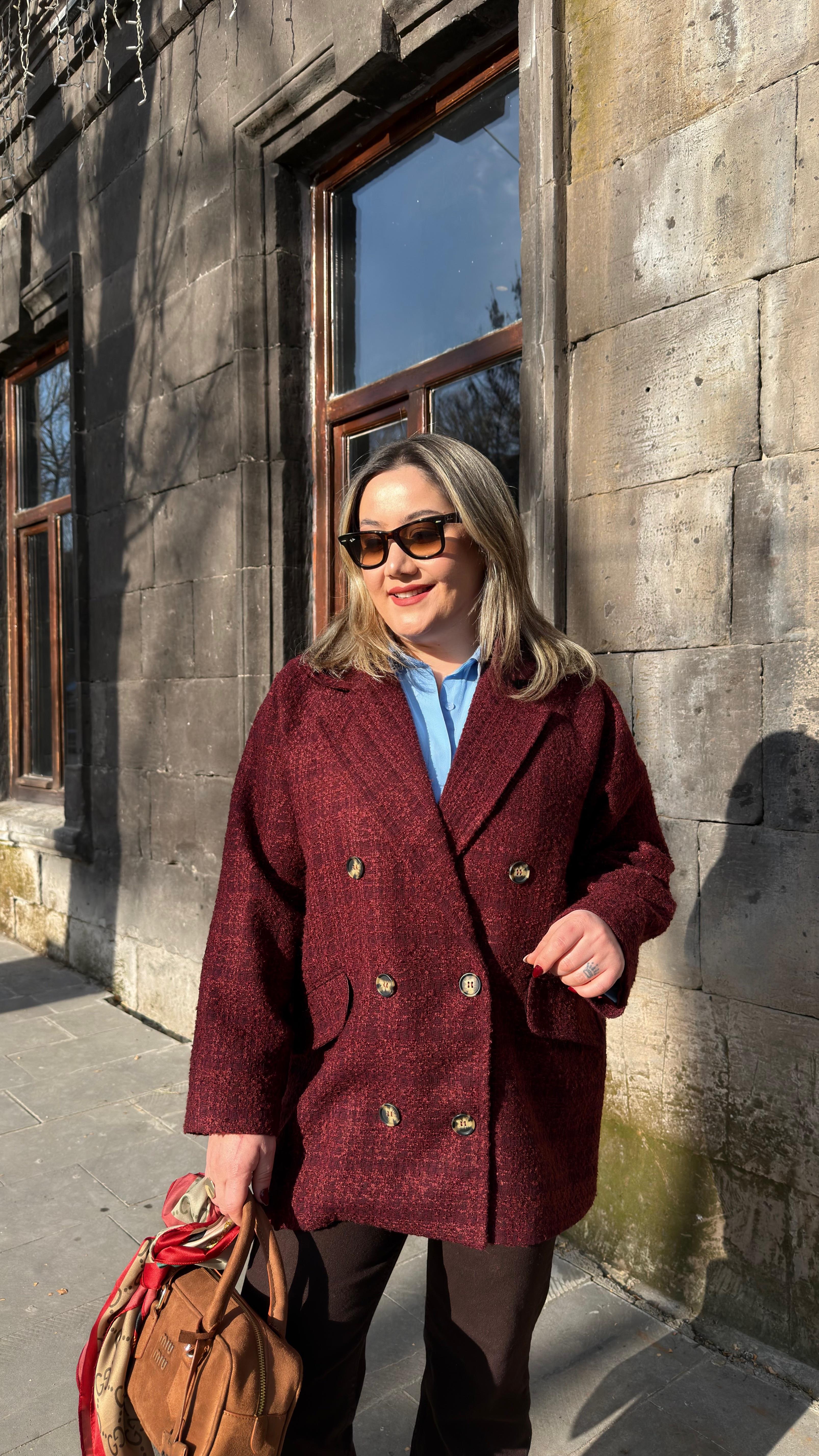 CHANEL KUMAŞ KRUVAZE ÇİFT DÜĞMELİ KABAN BORDO