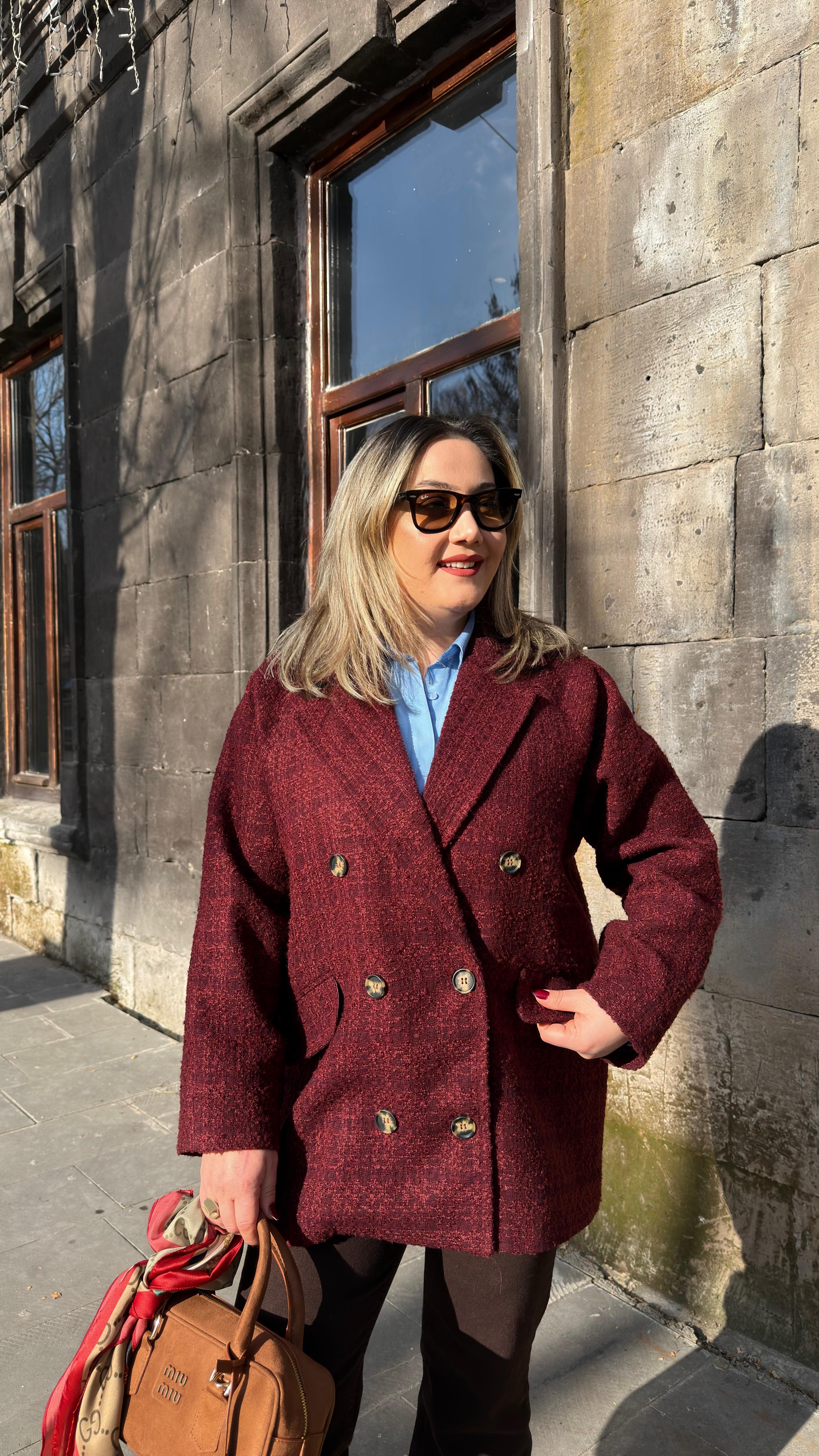 CHANEL KUMAŞ KRUVAZE ÇİFT DÜĞMELİ KABAN BORDO