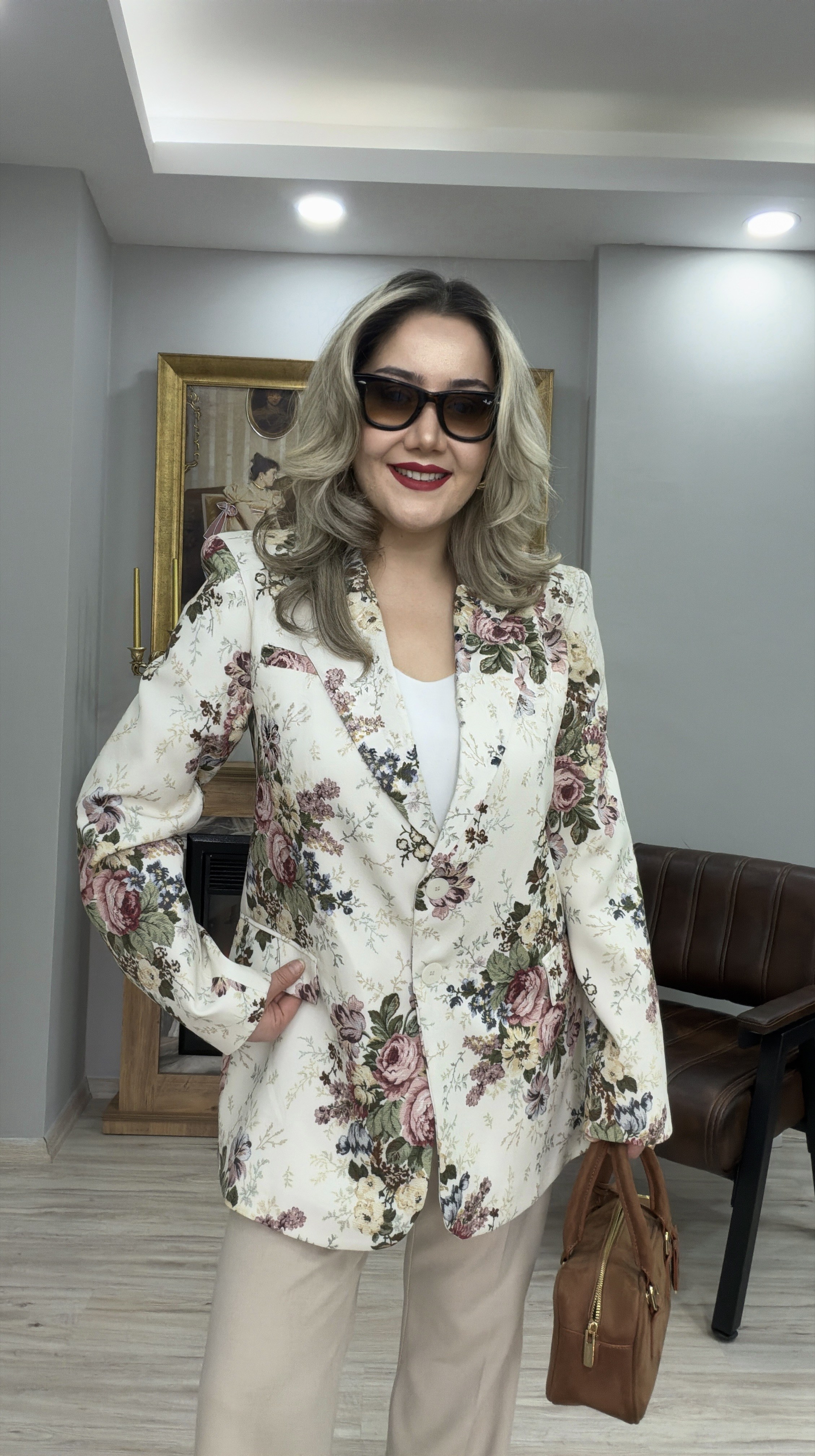 ÇİÇEK DESENLİ BLAZER CEKET EKRU