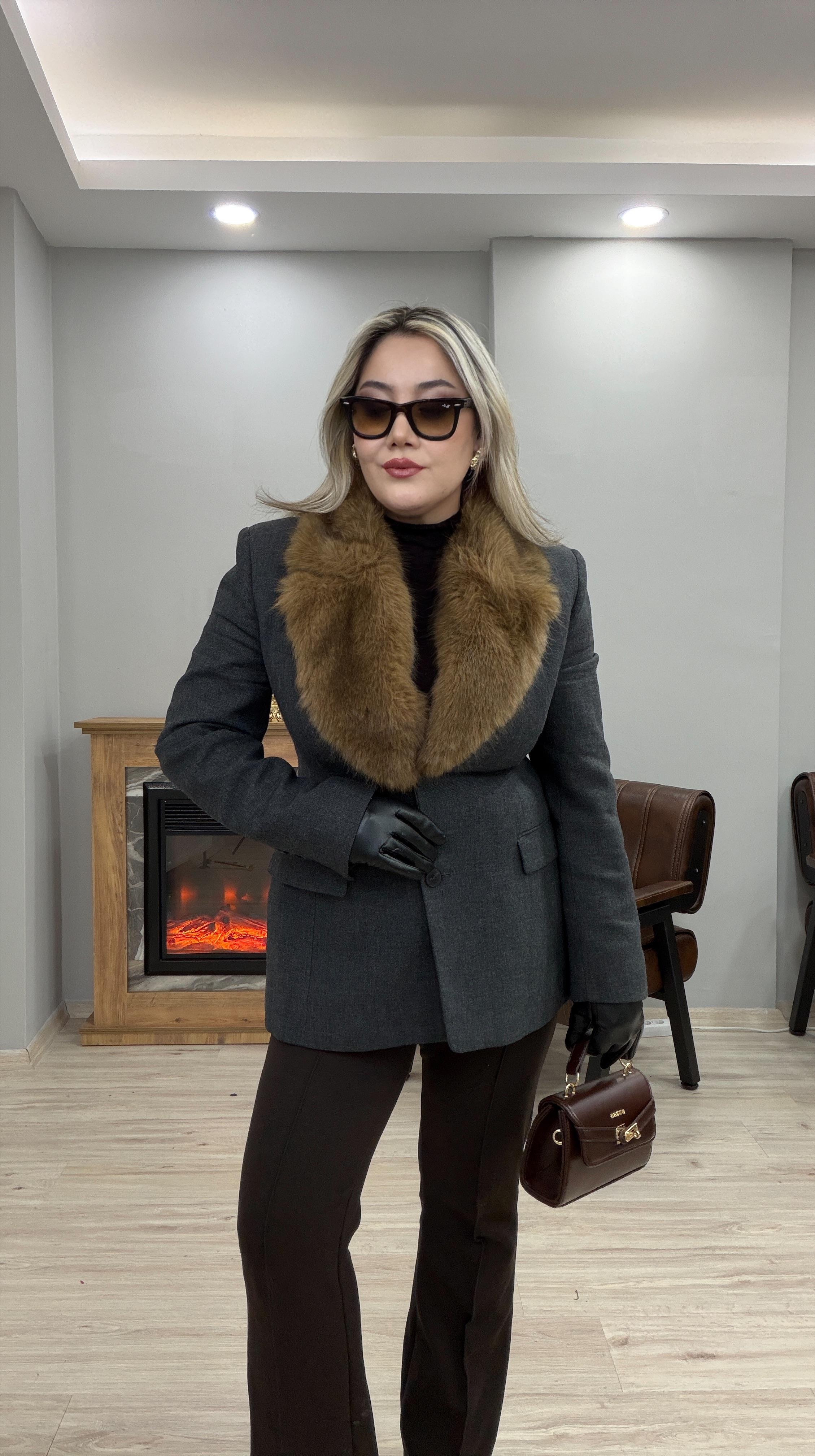 ÇIKARILABİLİR KÜRK YAKA BLAZER CEKET  ANTRASİT 