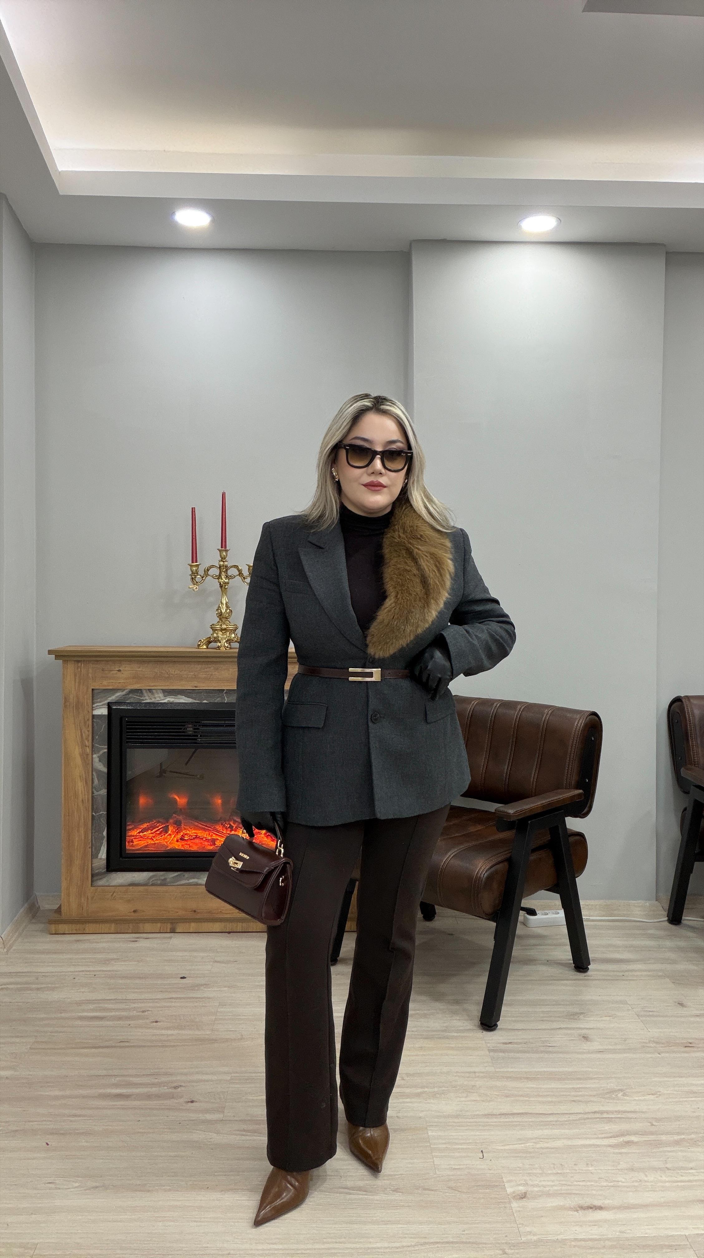 ÇIKARILABİLİR KÜRK YAKA BLAZER CEKET  ANTRASİT 