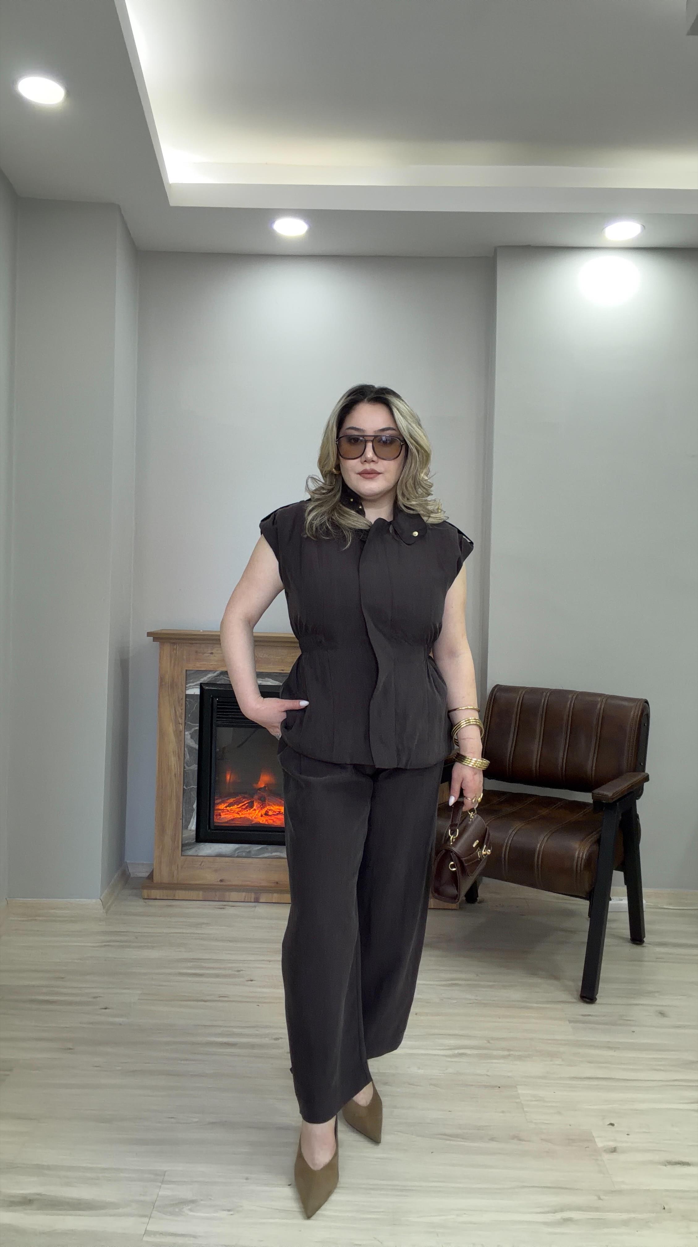 ÇITÇIT DETAYLI DİK YAKA TAKIM KAHVE