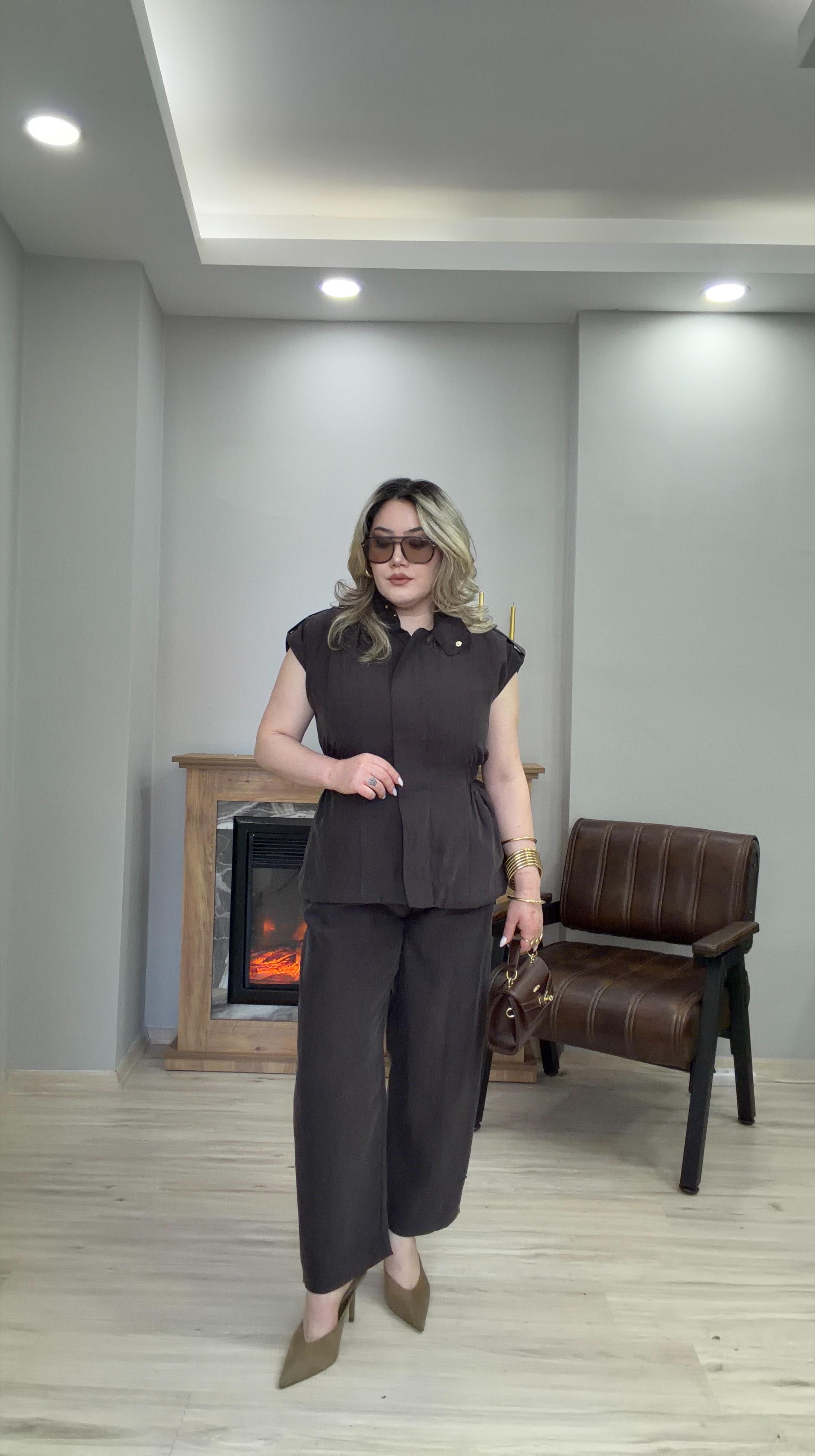 ÇITÇIT DETAYLI DİK YAKA TAKIM KAHVE