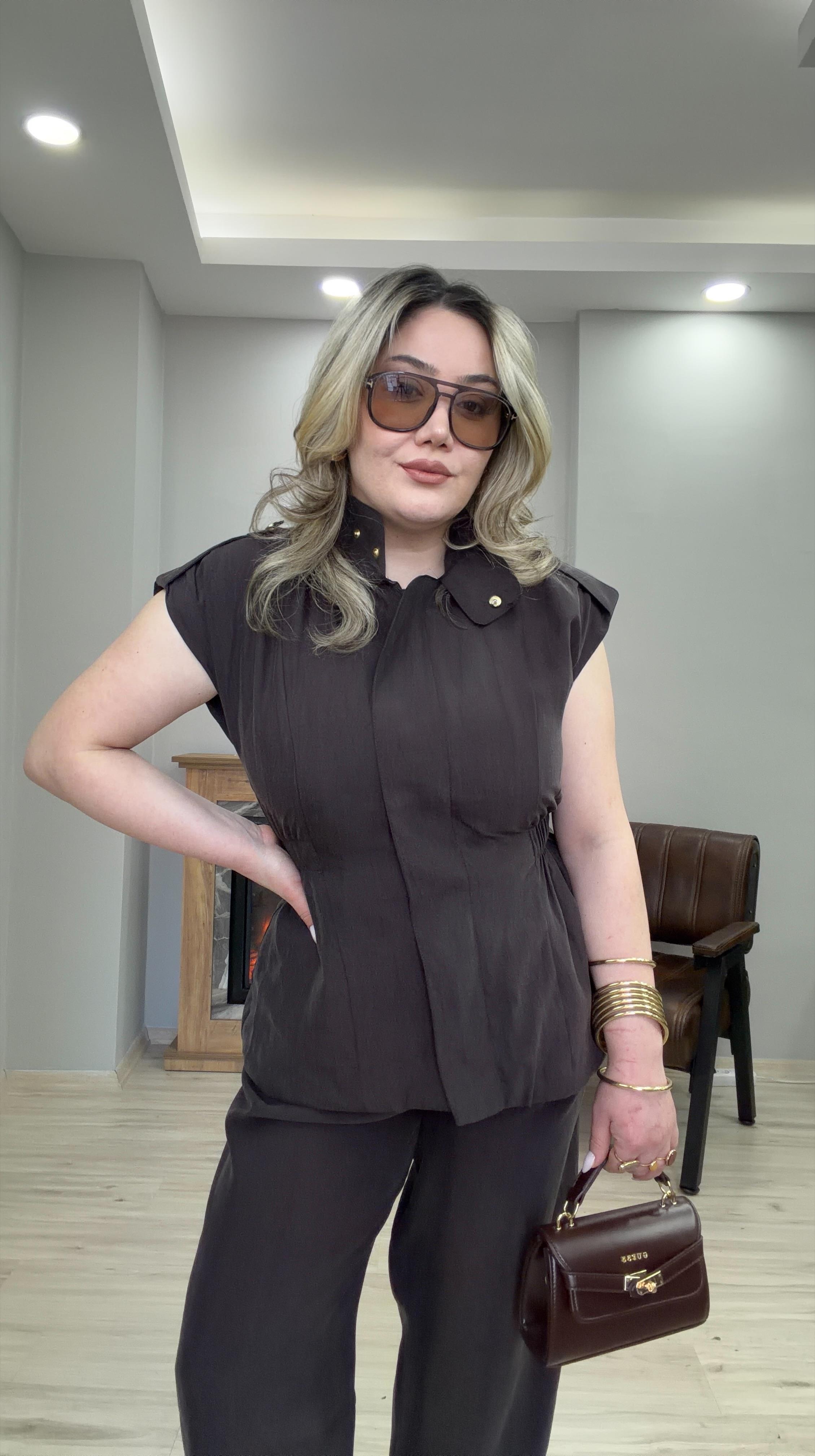 ÇITÇIT DETAYLI DİK YAKA TAKIM KAHVE