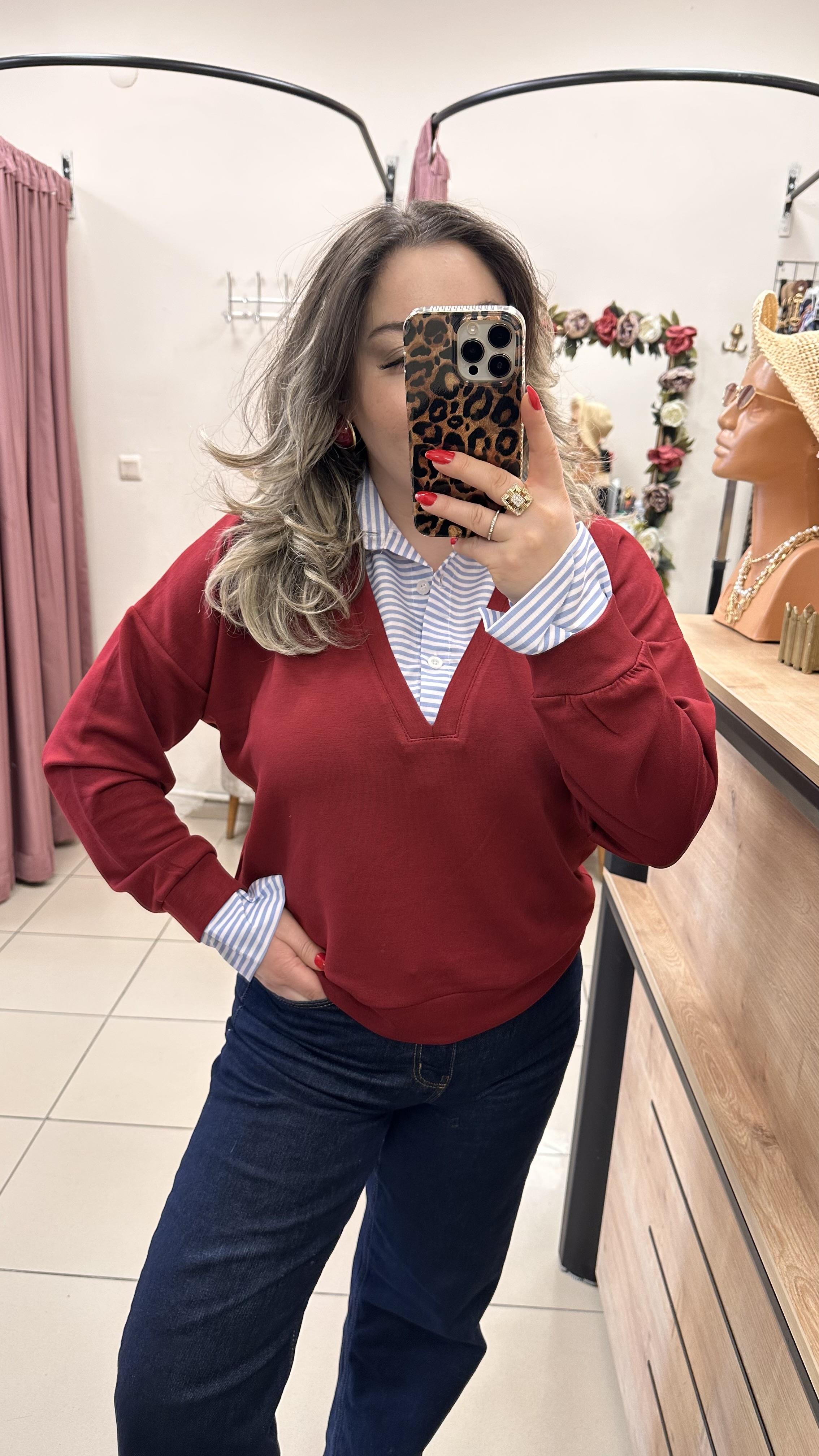 ÇİZGİLİ GÖMLEKLİ MODAL KUMAŞ SWEATSHİRT
