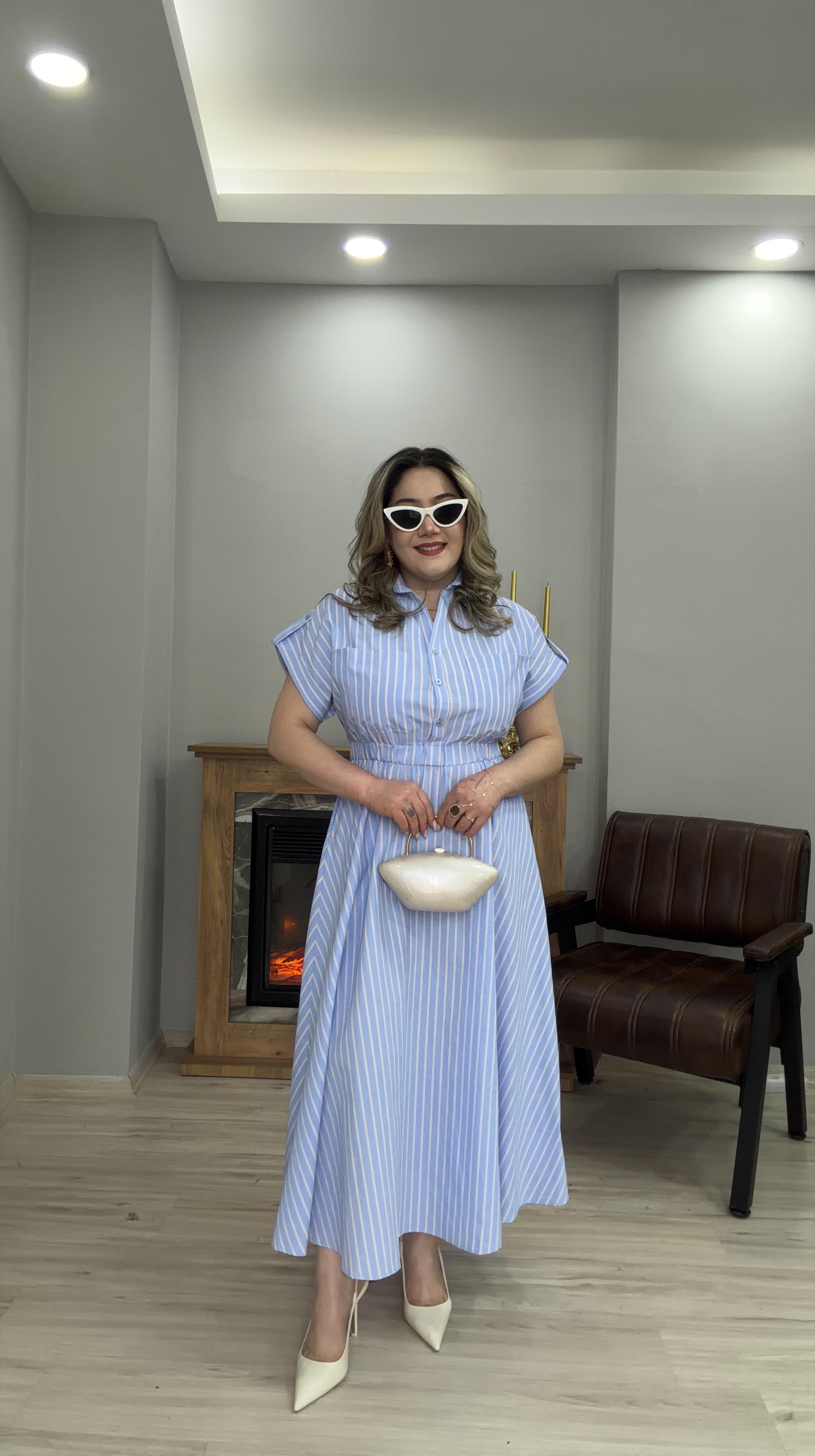 ÇİZGİLİ KISA KOL BELDEN LASTİKLİ ELBİSE MAVİ