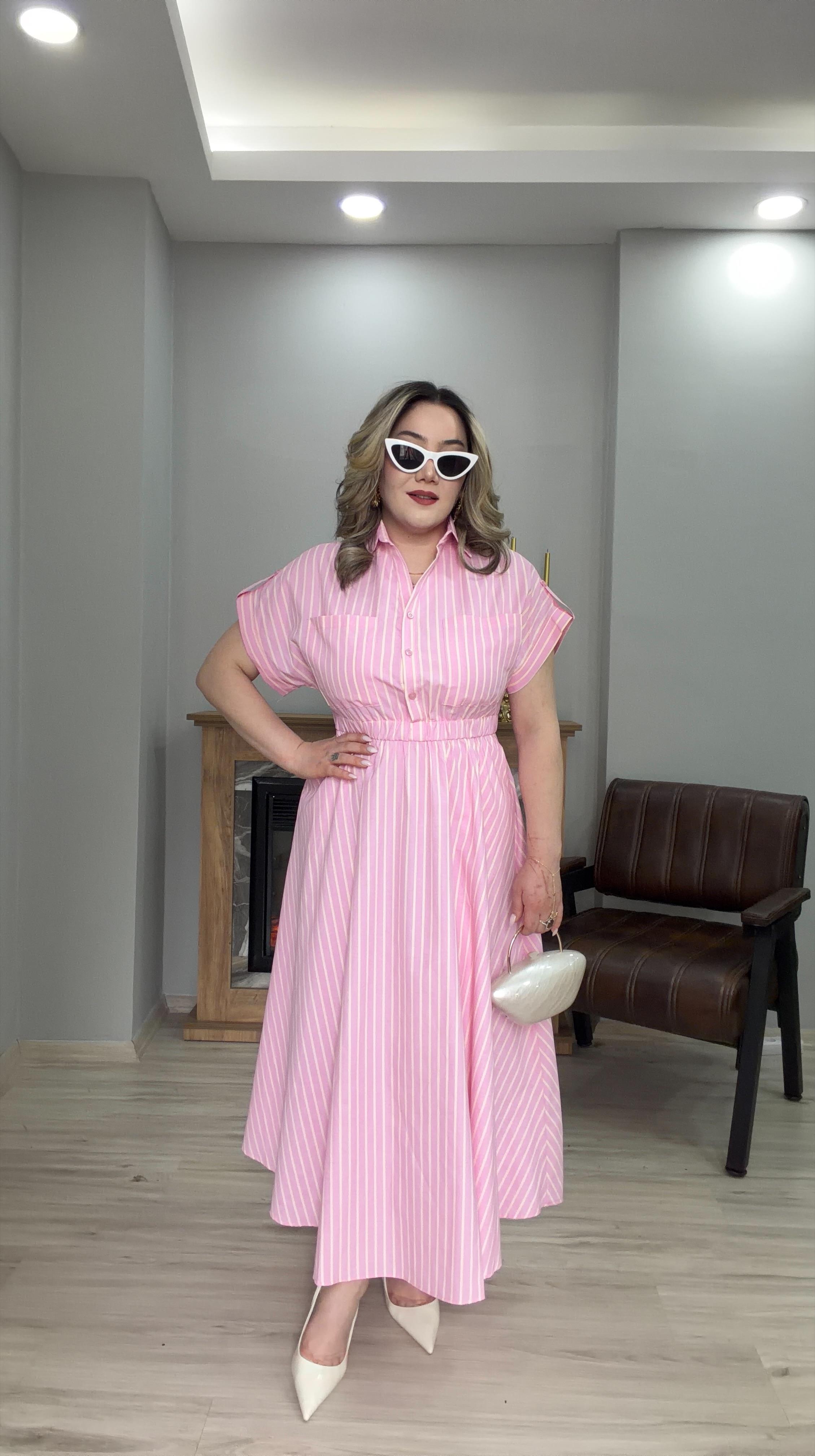 ÇİZGİLİ KISA KOL BELDEN LASTİKLİ ELBİSE PEMBE