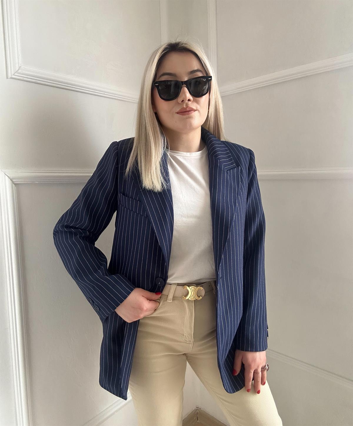 Çizgili Kruvaze yaka katlı blazer ceket