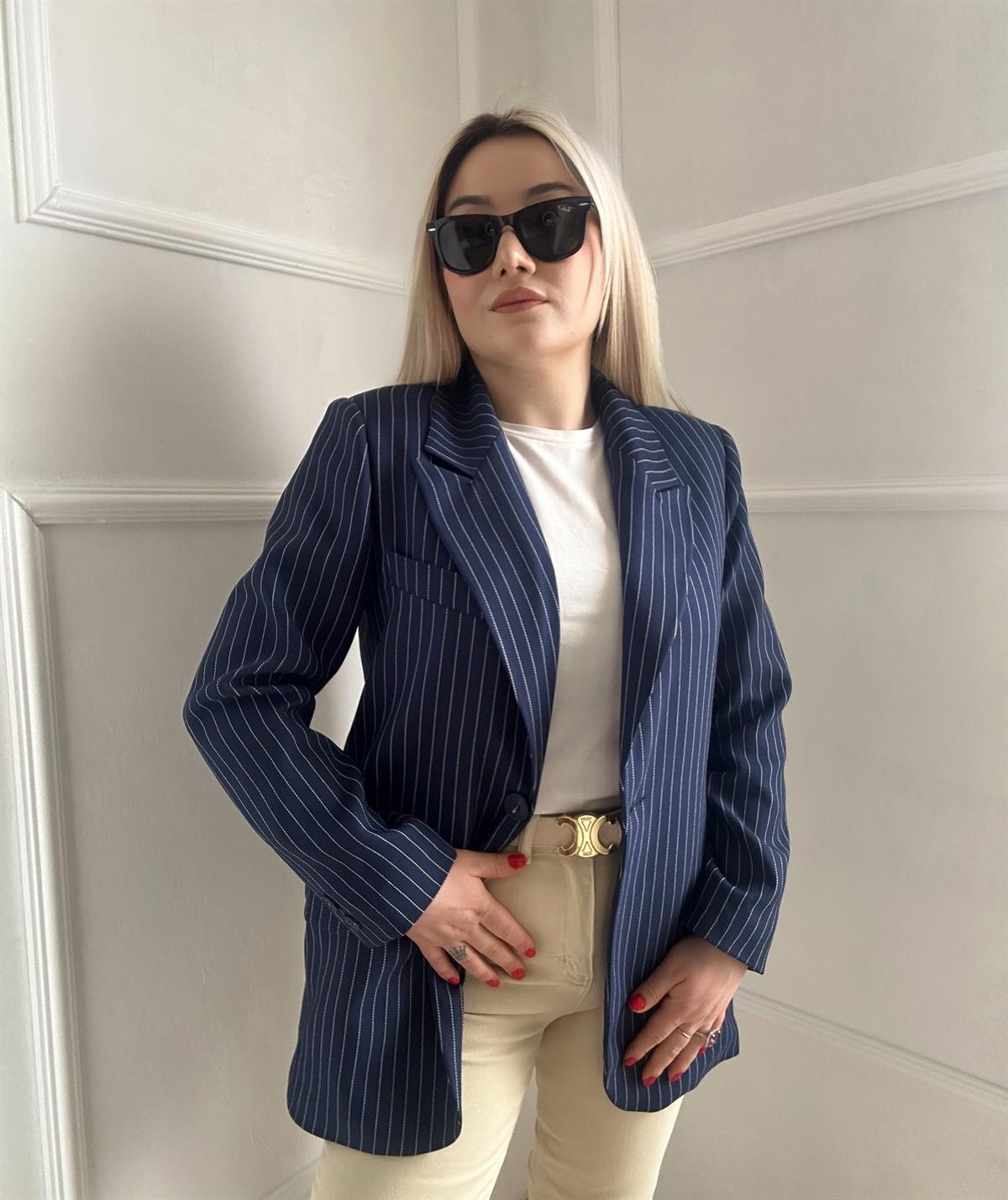 Çizgili Kruvaze yaka katlı blazer ceket