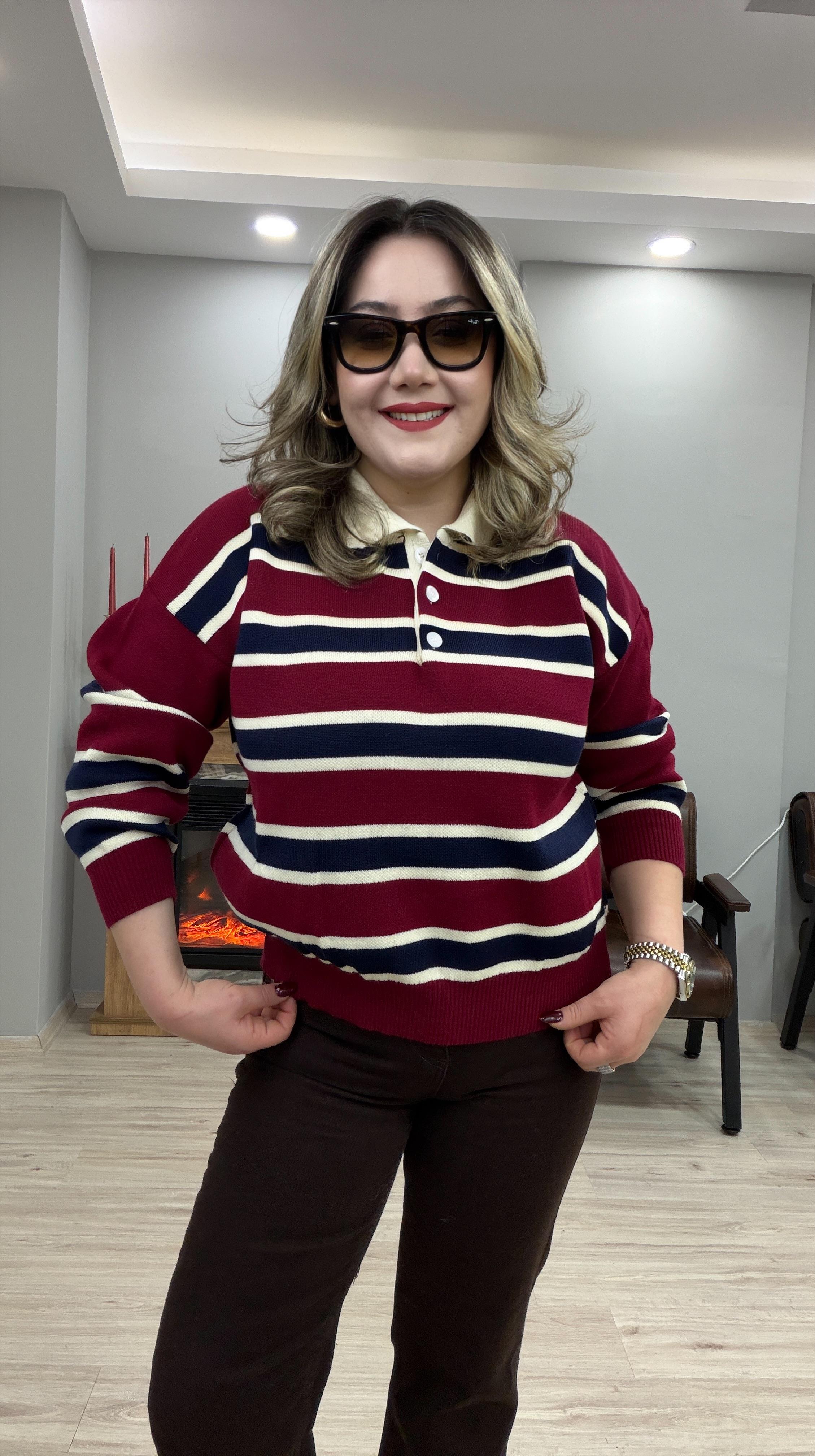 ÇİZGİLİ POLO YAKA TRİKO KAZAK KIRMIZI 