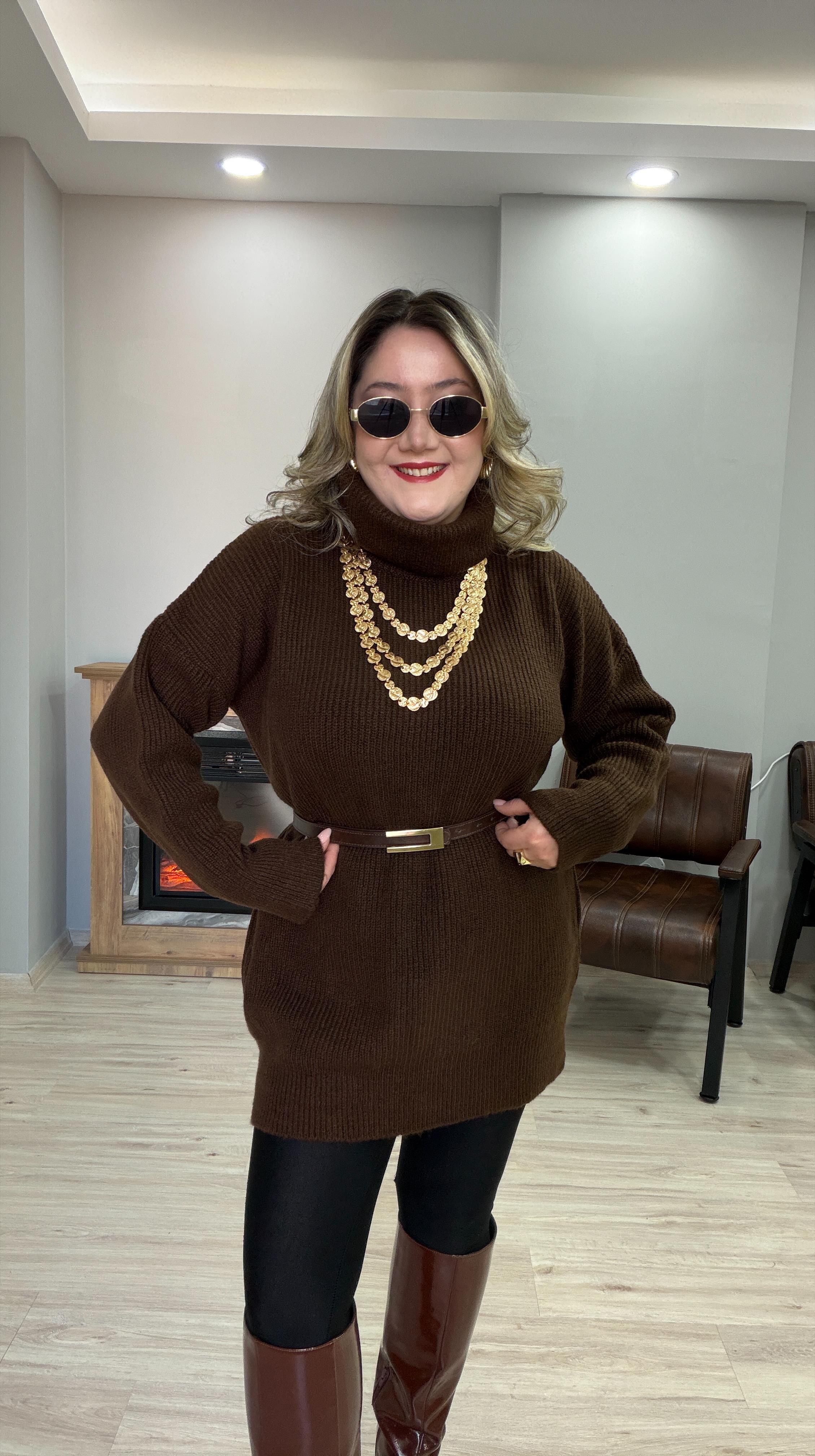 DEGAJE YAKA TUNİK KAZAK KAHVE