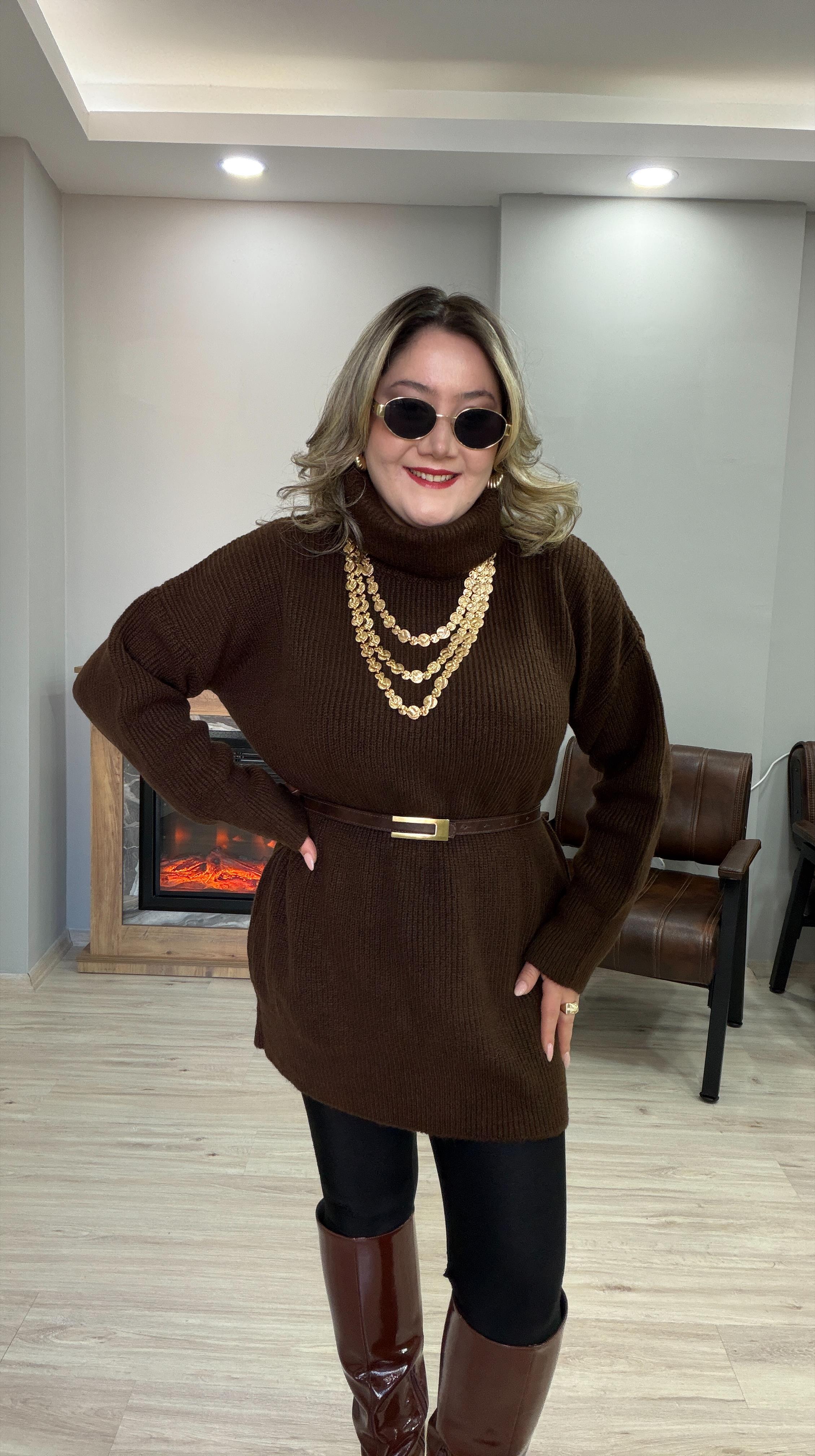 DEGAJE YAKA TUNİK KAZAK KAHVE