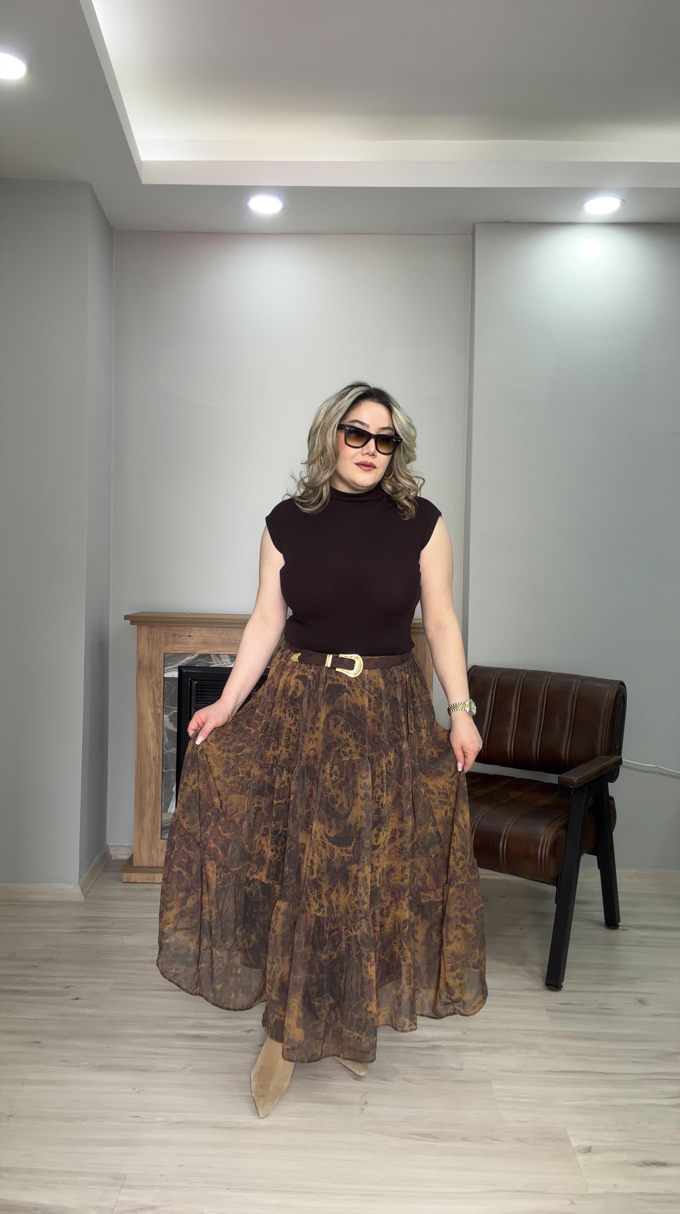 DESENLİ ŞİFON ETEK HAKİ