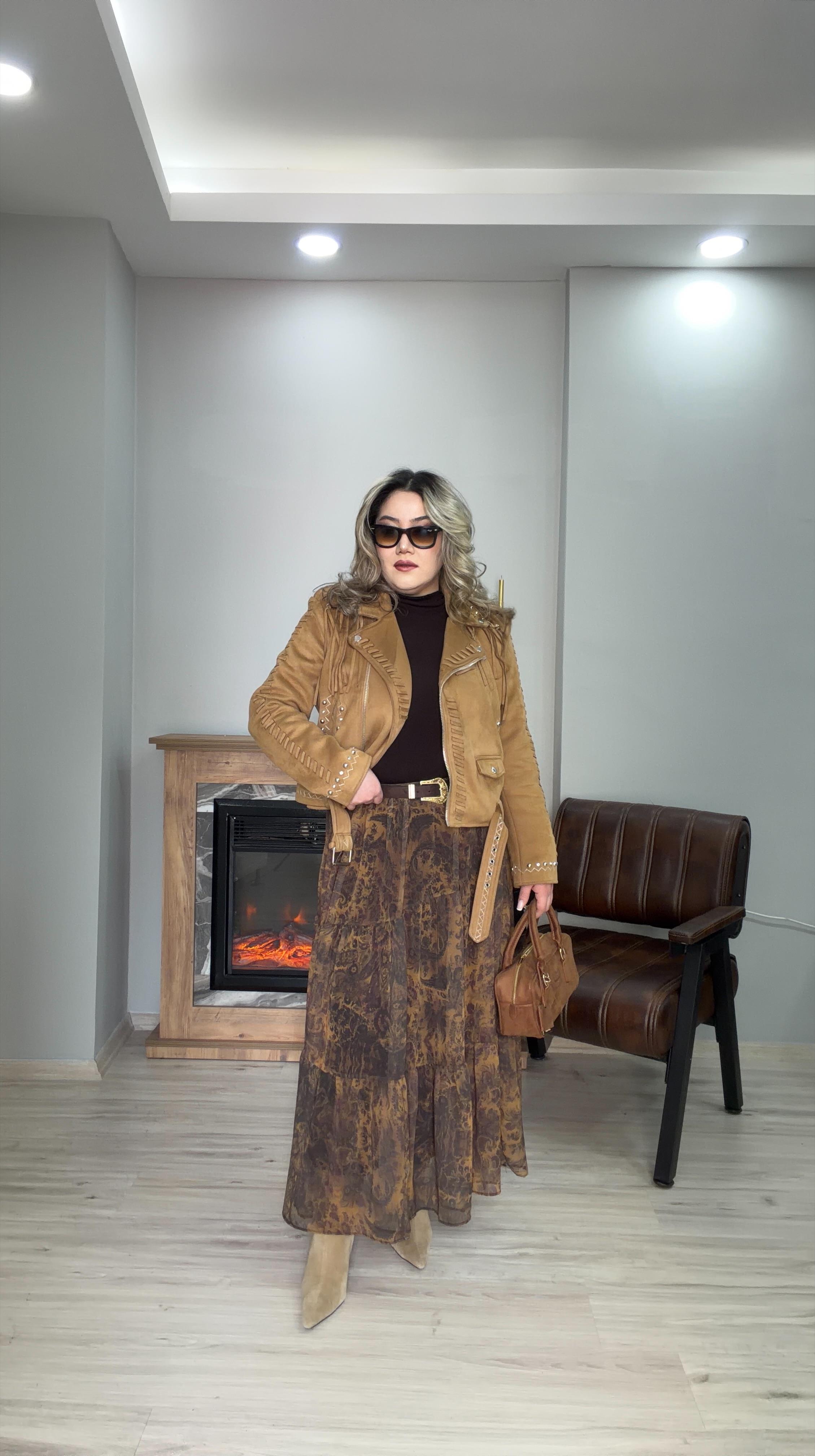 DESENLİ ŞİFON ETEK HAKİ