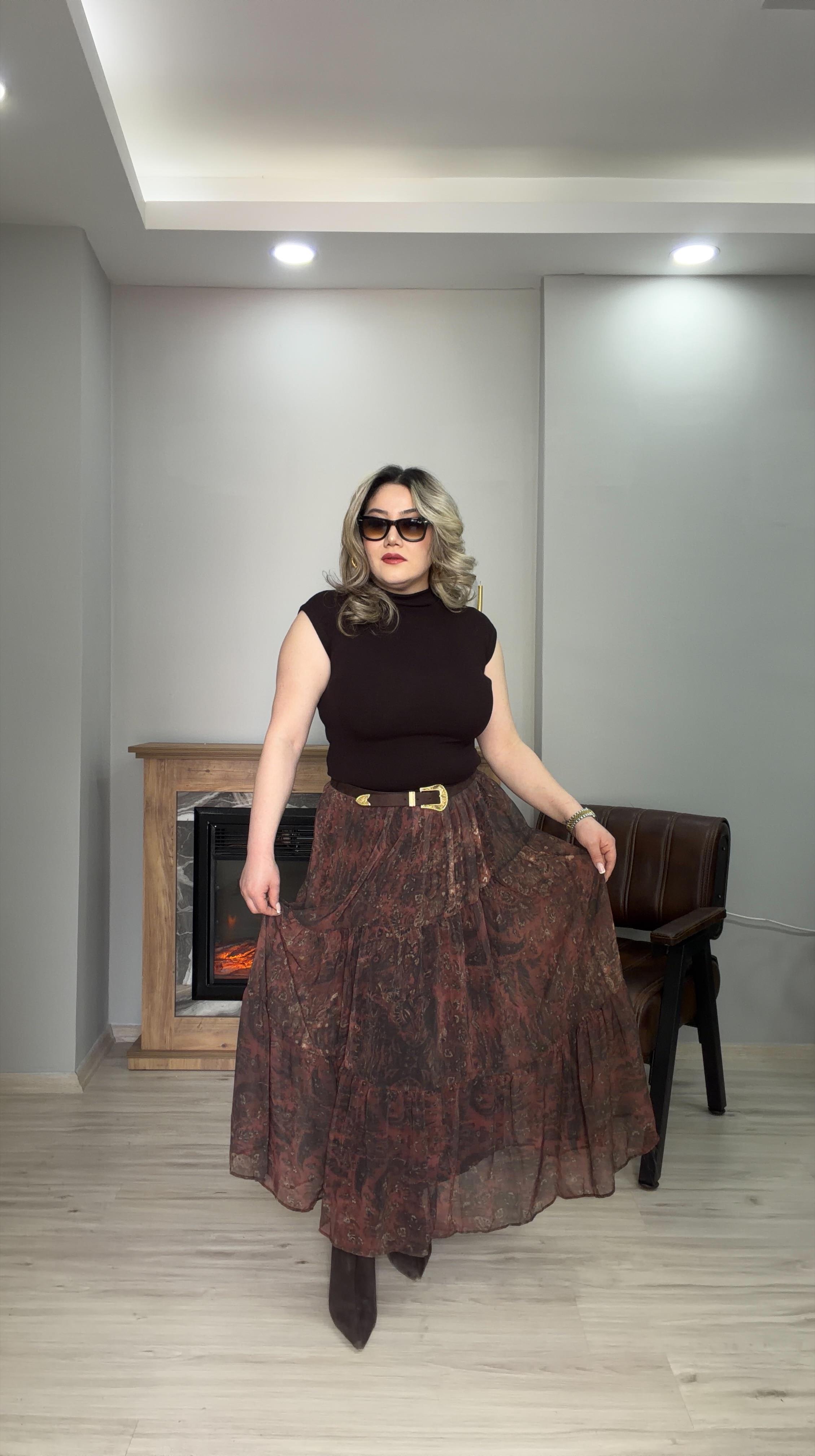 DESENLİ ŞİFON ETEK KAHVE 