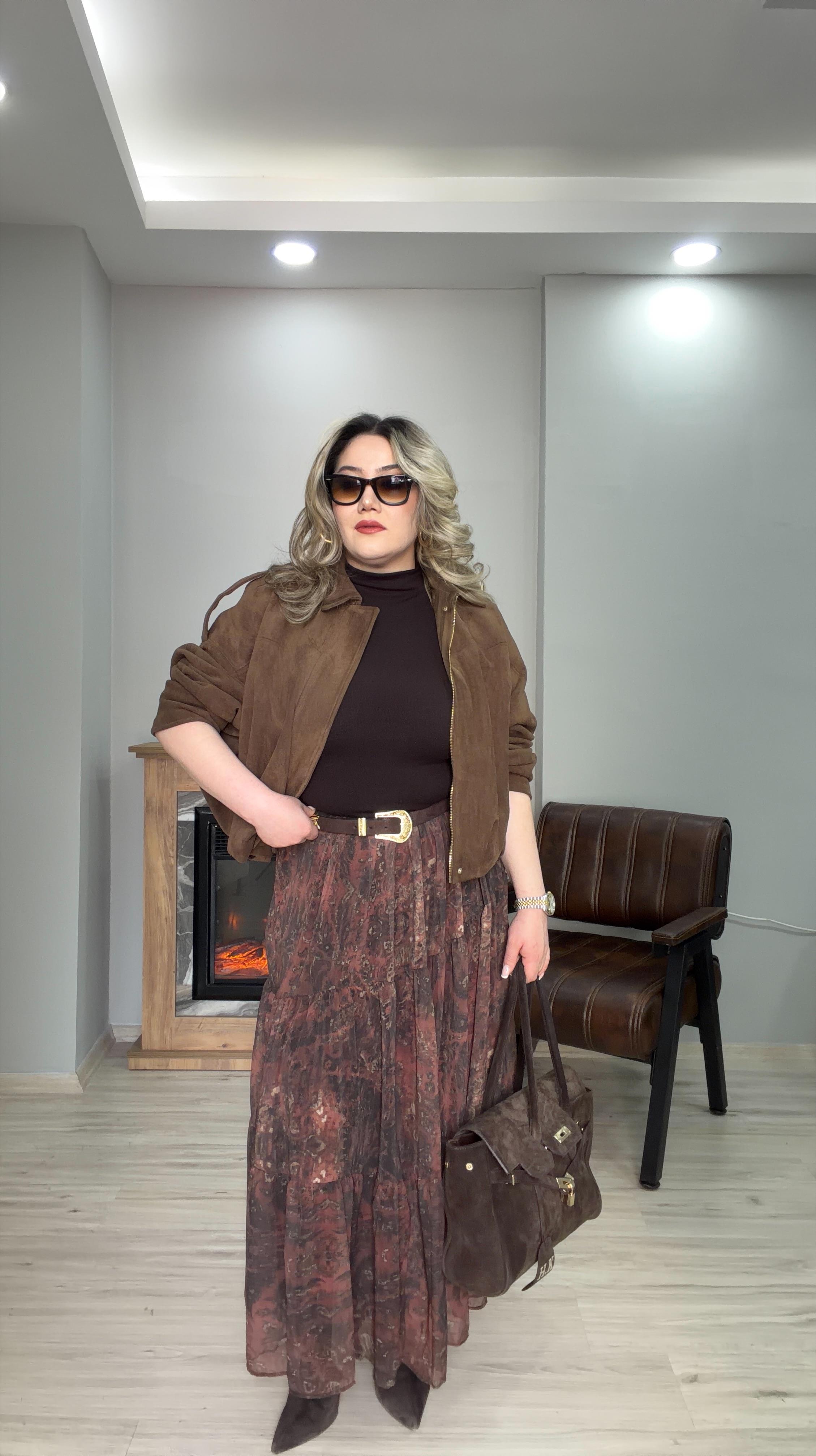 DESENLİ ŞİFON ETEK KAHVE 