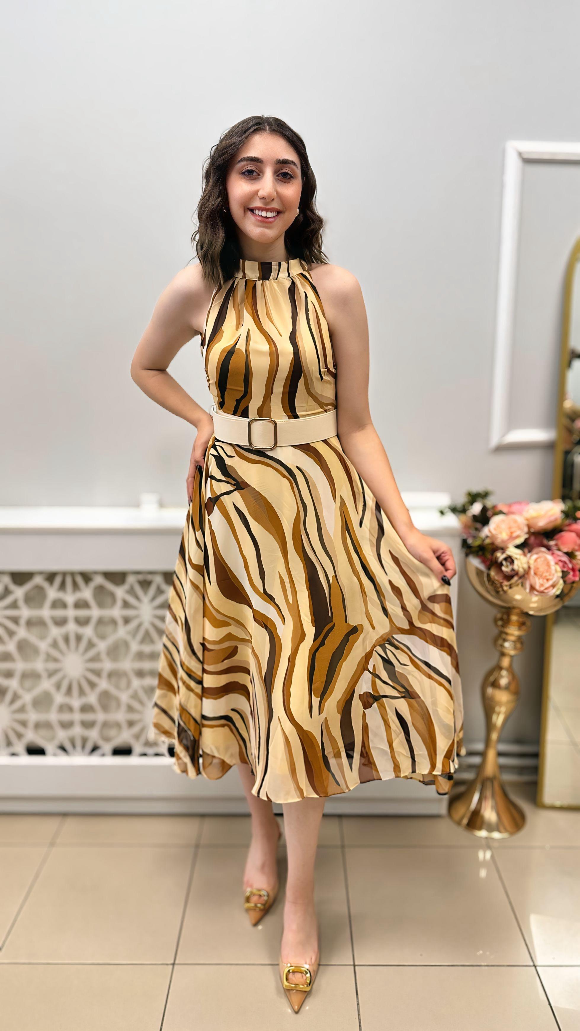 DİANA ASTARLI KEMERLİ ÇİÇEKLİ ELBİSE KAHVE
