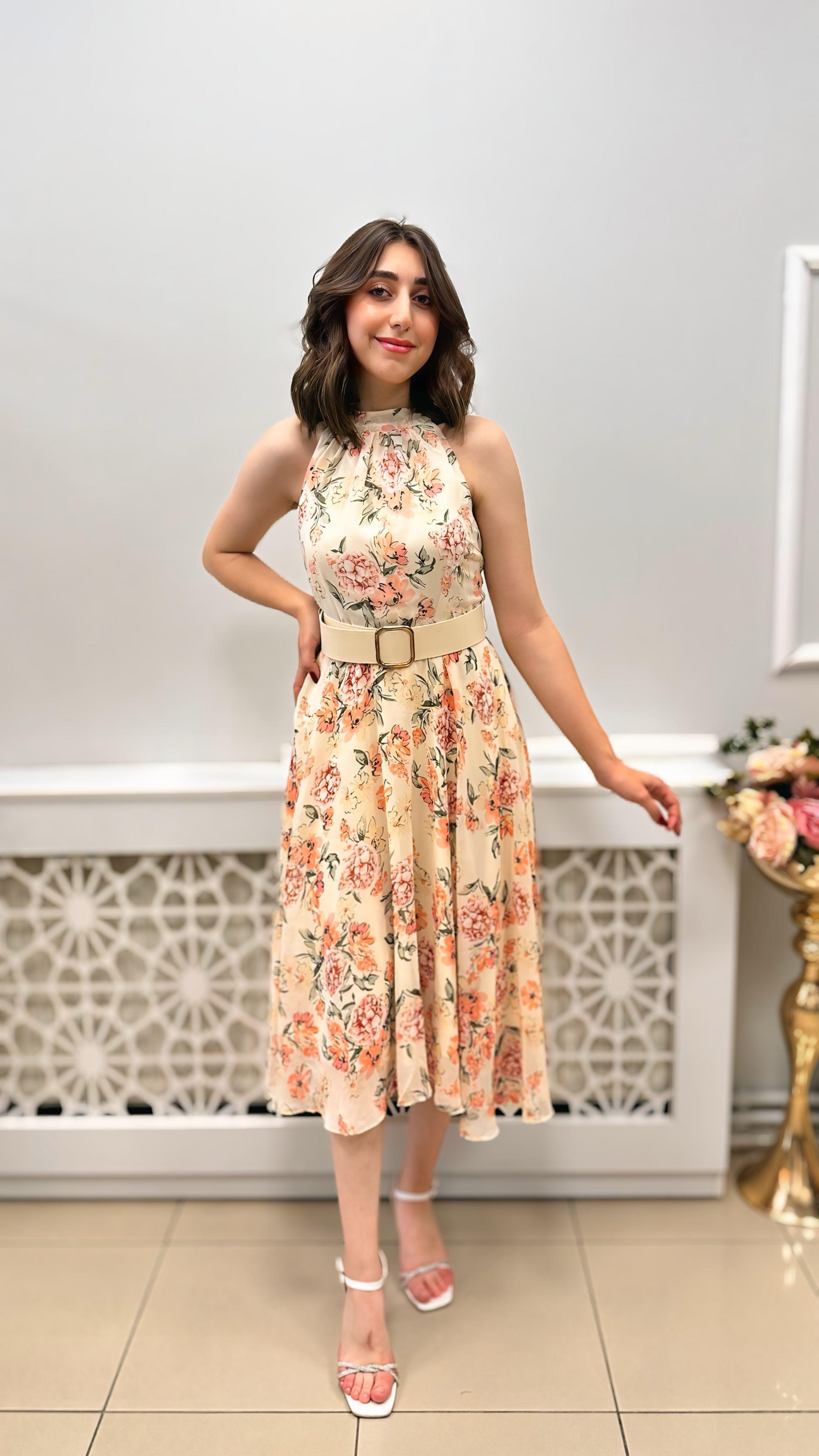 DİANA ASTARLI KEMERLİ ÇİÇEKLİ ELBİSE KREM
