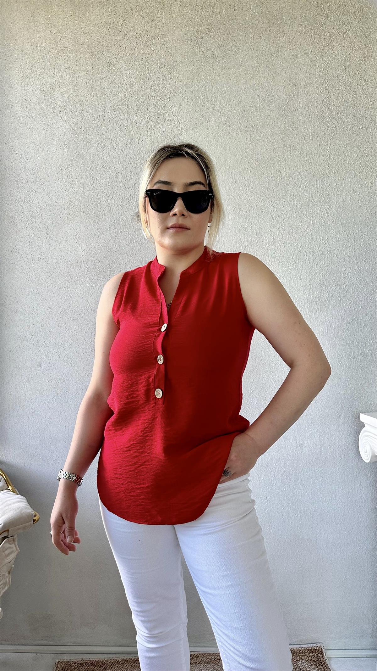 Dik Yaka Sıfır Kol Gömlek-Bluz Kırmızı