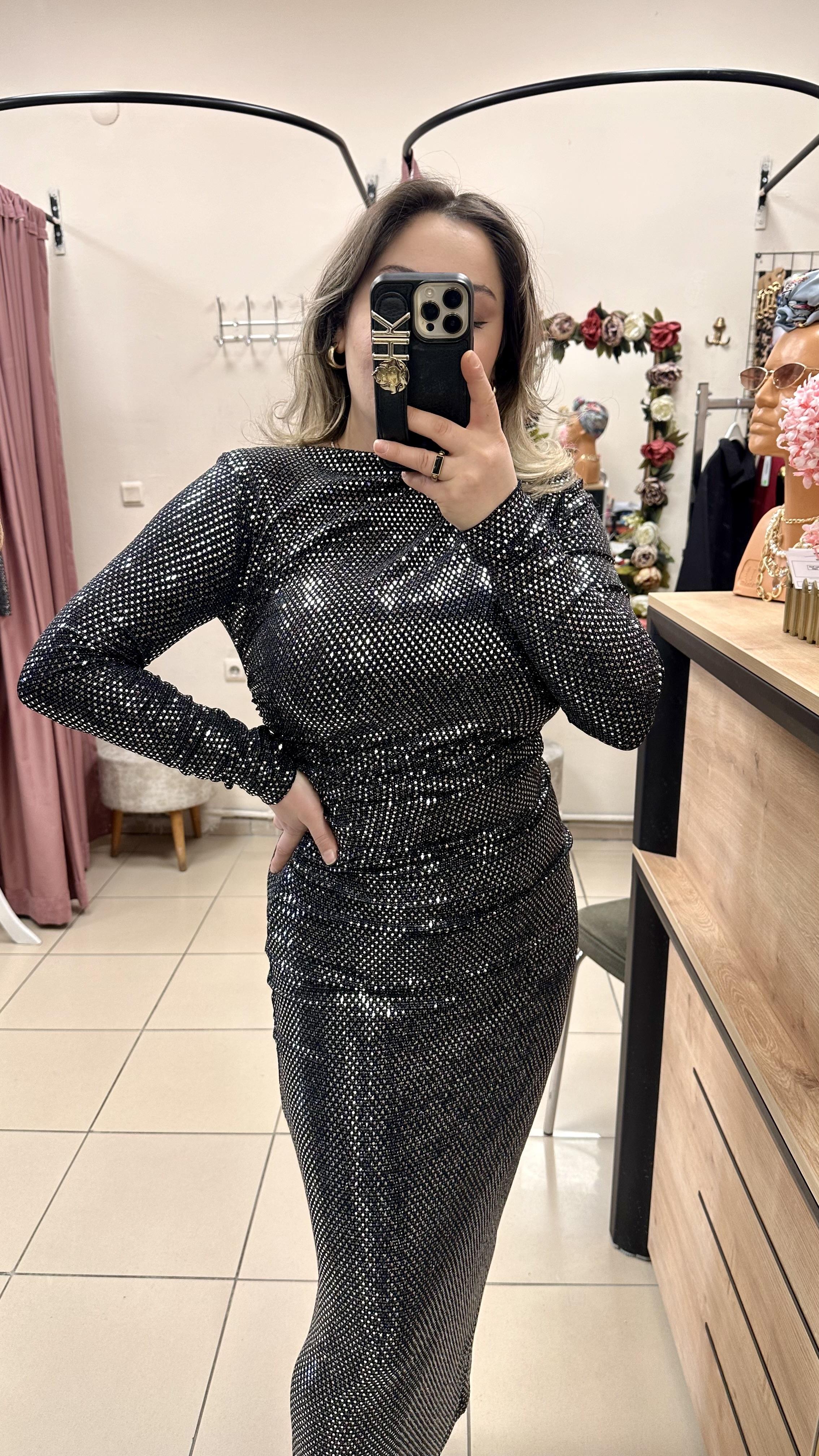 DRAPE DETAYLI PAYETLİ ELBİSE METALİK