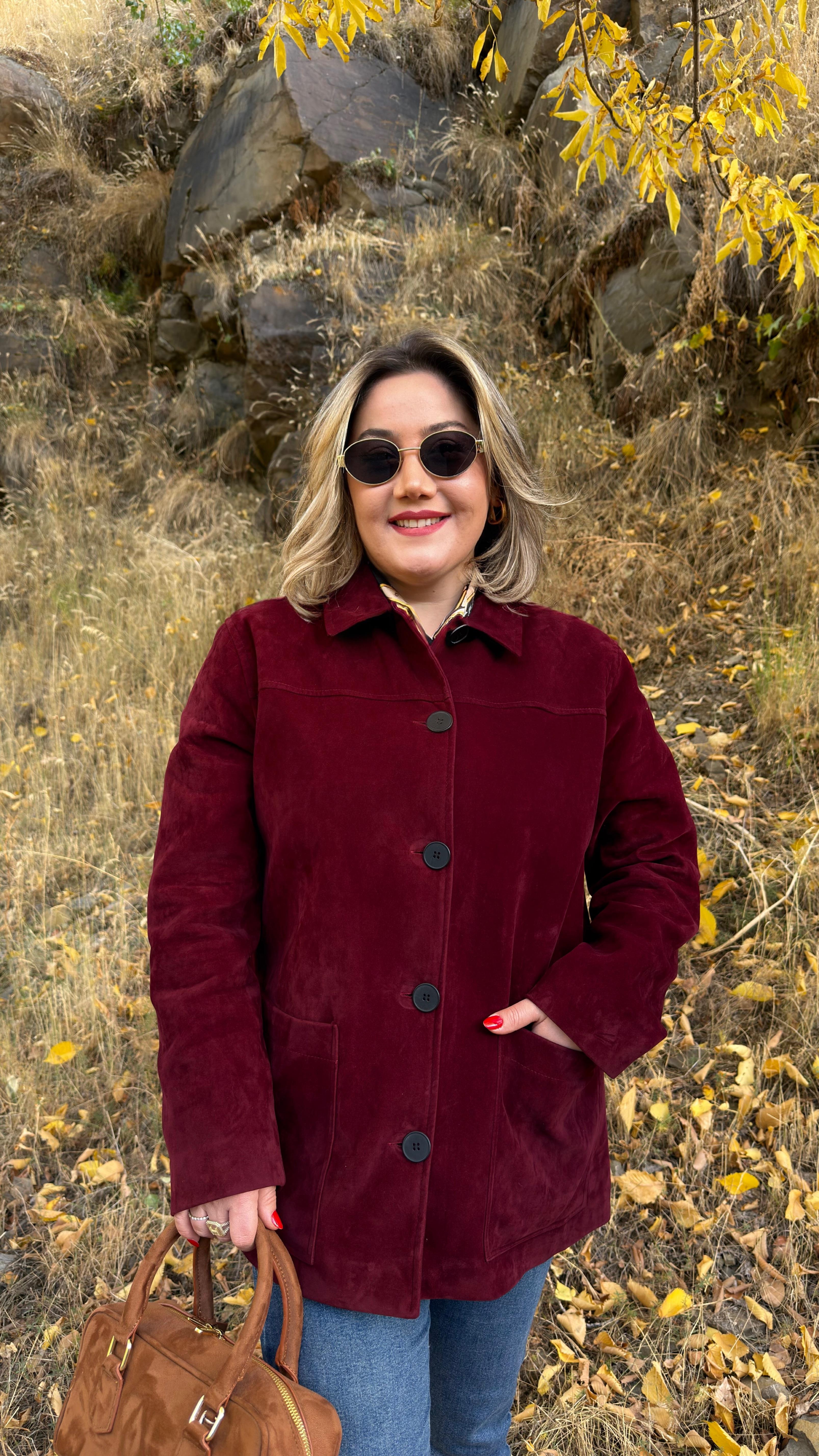 DÜĞME DETAYLI SÜET CEKET BORDO