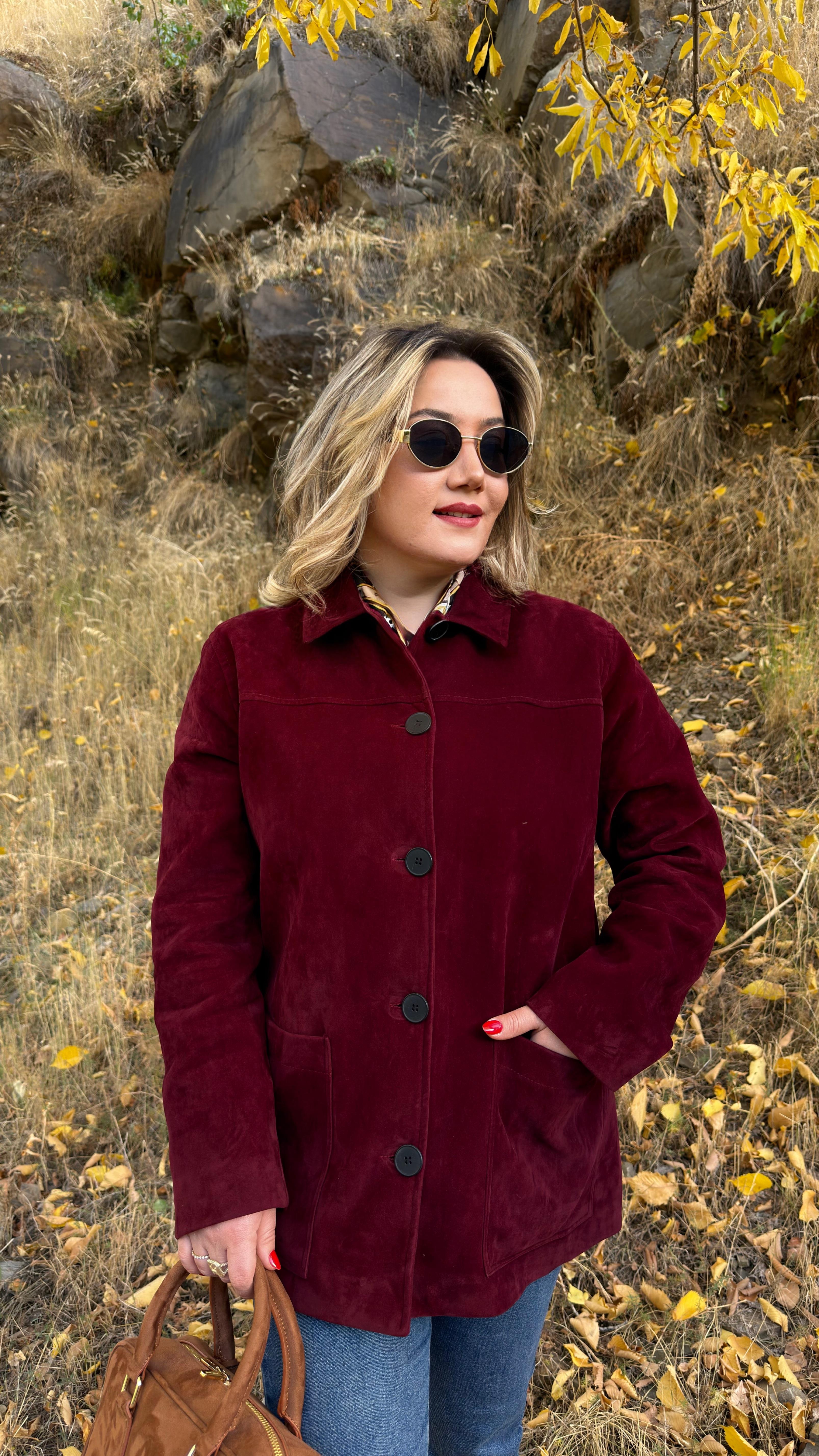 DÜĞME DETAYLI SÜET CEKET BORDO